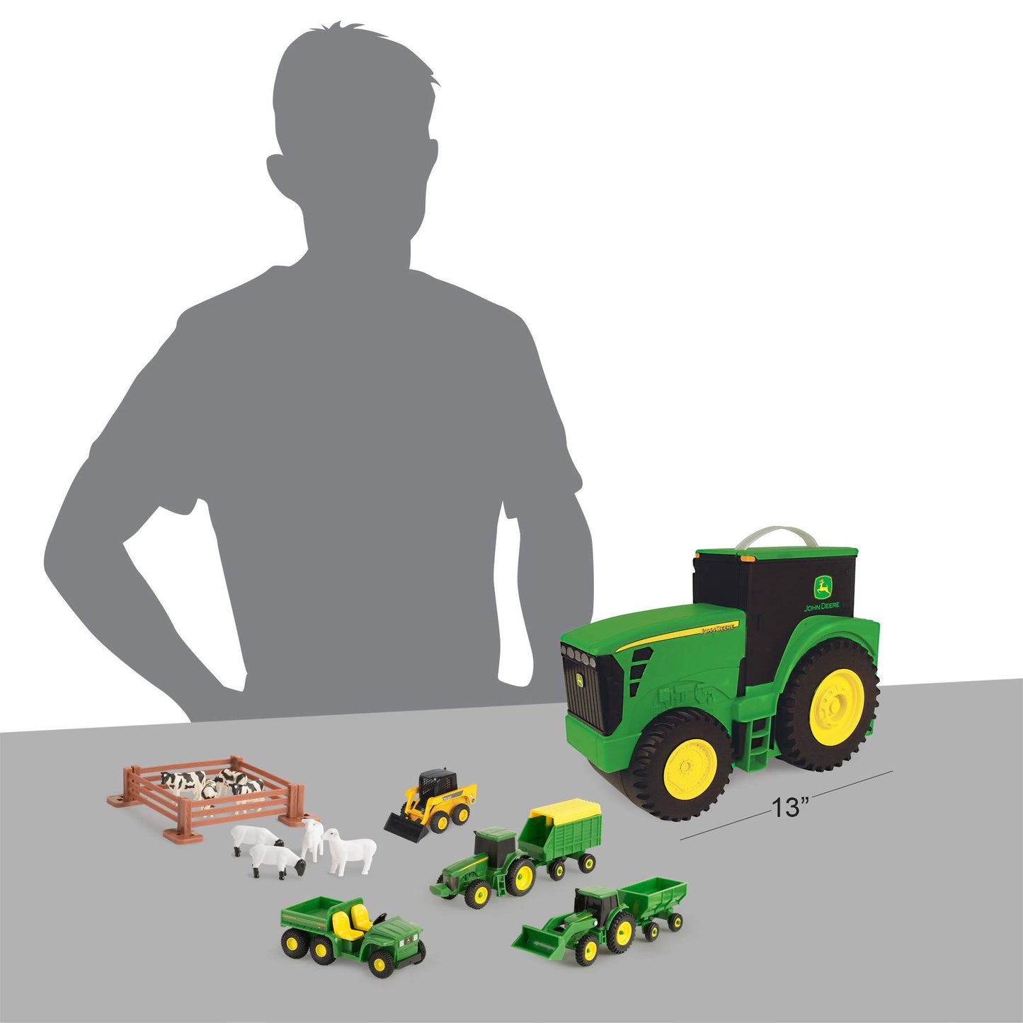 TOMY John Deere Tractor Toy Set with Portable Tractor Case, 18 Farm Vehicles, 10 Compartments, Preschool Farm Toys for Ages 3+