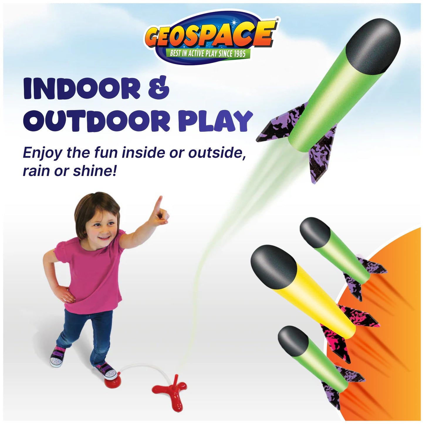 Geospace Jump Rocket Mini Set – 3 Foam Stomper Rockets with Single Pump, Outdoor Fun Toy for Kids Boys & Girls