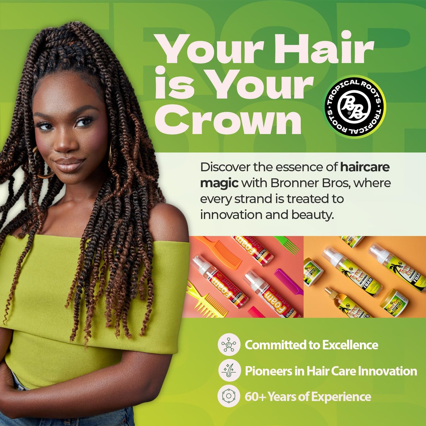 Bronner Bros Tropical Roots Sculpting Foam with Vitamin E & B5 – Hydrating Guava & Pomegranate Formula for Long-Lasting Hold & Definition, 8.5oz