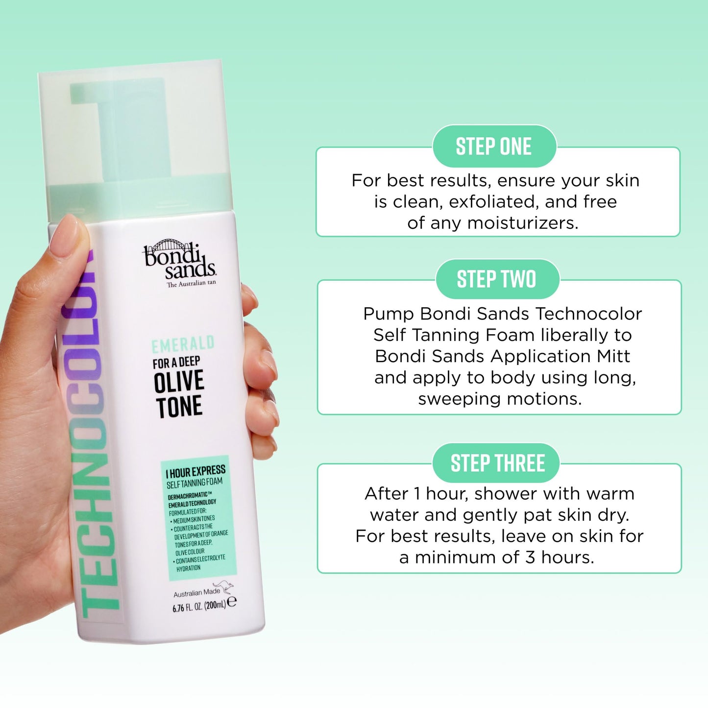 Bondi Sands Technocolor Emerald 1 Hour Express Self Tanning Foam|Best for Medium Skin Tones Looking to Achieve a Deep, Olive Toned Tan|6.76 fl. oz.