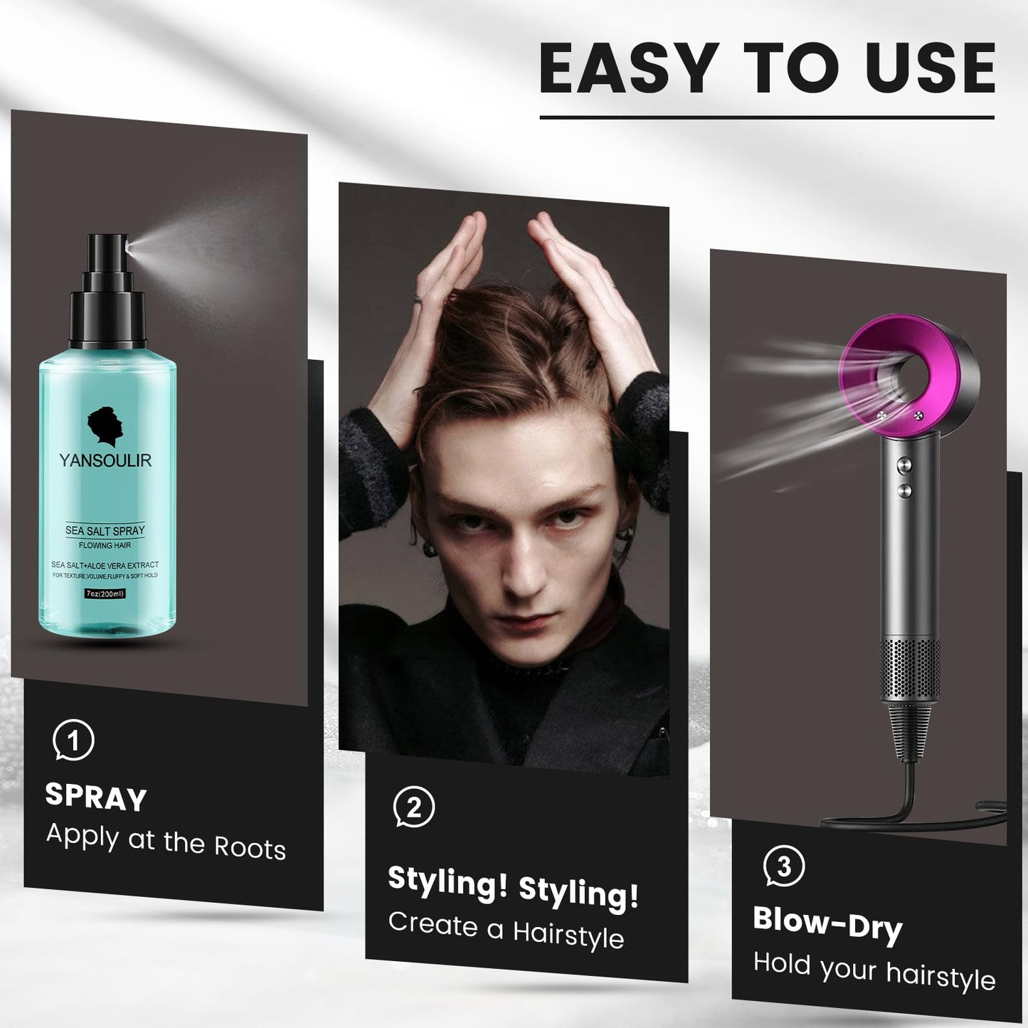 Yansoulir Men's Sea Salt Spray – Natural Hair Texturizer with Sea Salt, Kelp & Aloe Vera for Added Volume, Texture & Soft Hold – 7 oz