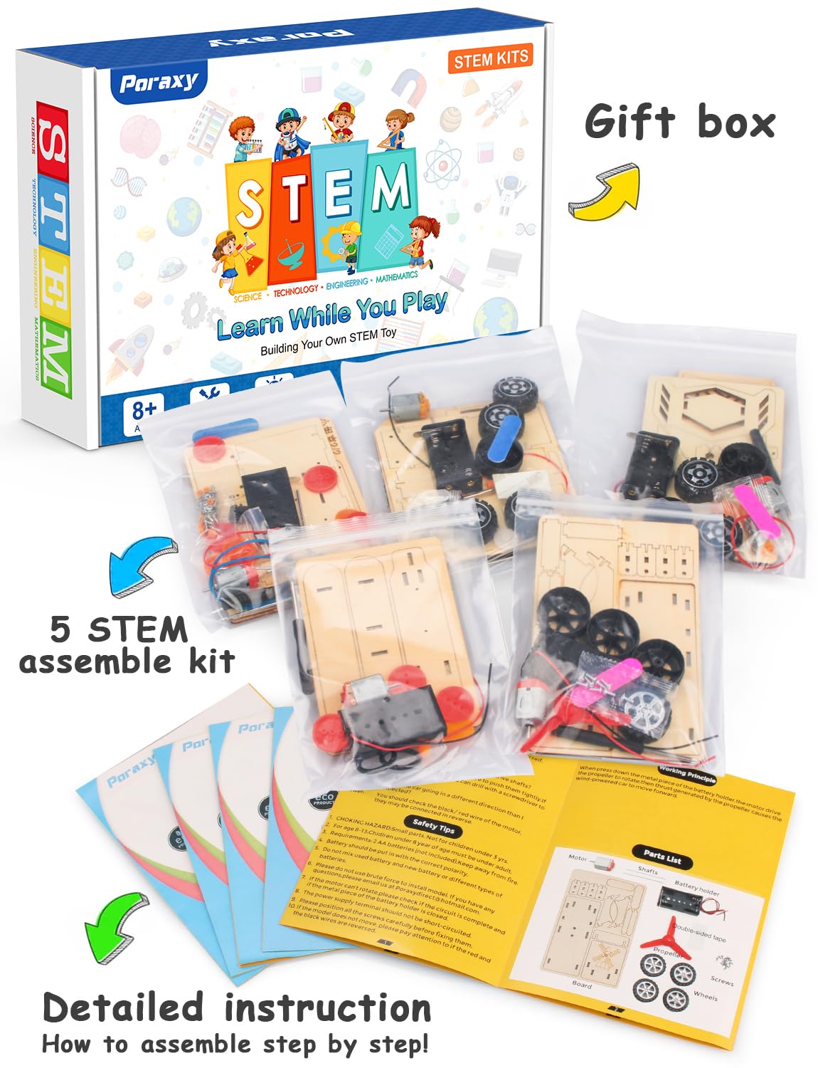 Poraxy 5-in-1 STEM Kit for Kids 8-13 – Science, Model Cars, 3D Wooden Puzzles & Crafts – Educational STEM Toys & Birthday Gifts