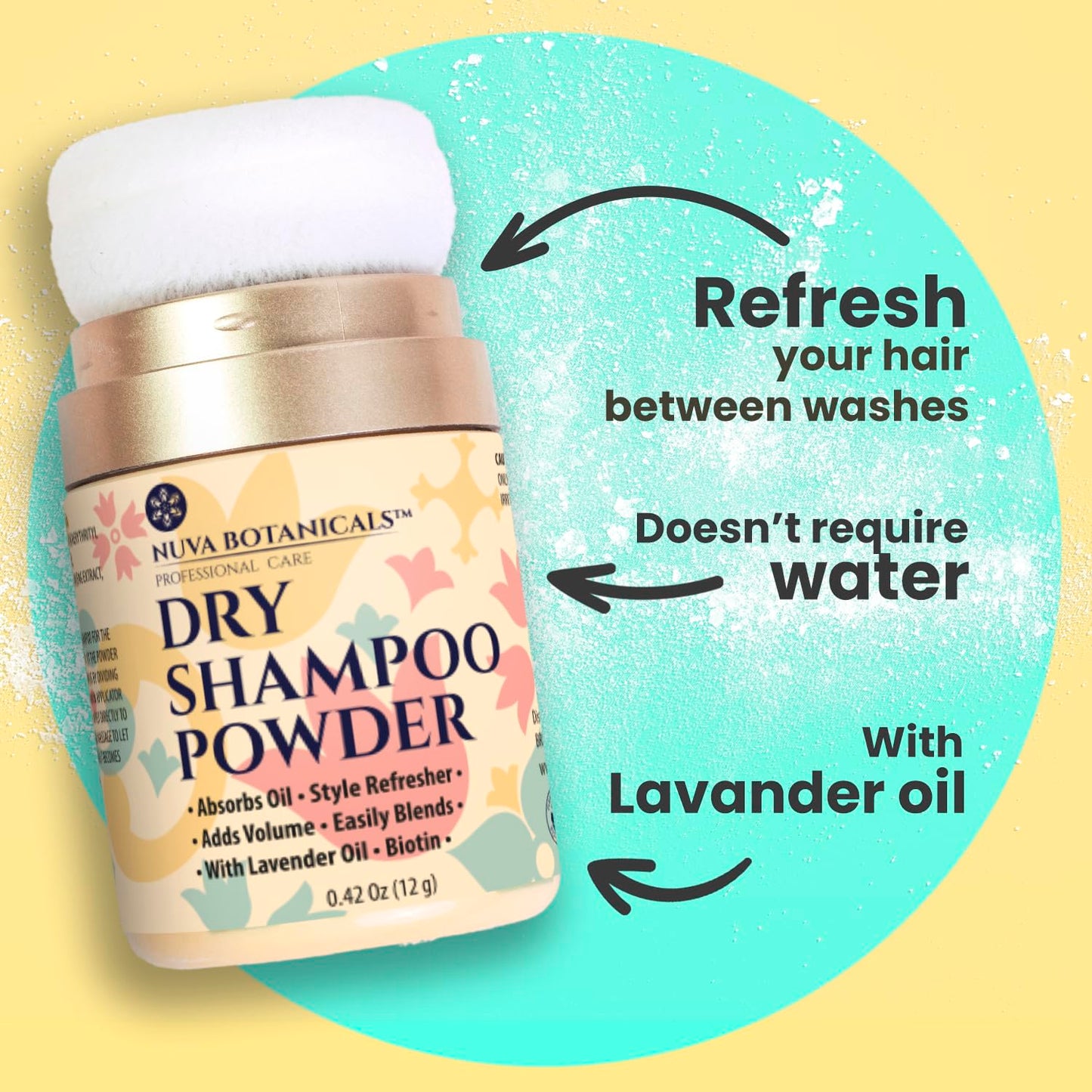 Nuva Botanicals Non Aerosol Dry Shampoo Powder with Biotin - Lavender Extract and Korean Ginseng - Volumizing Travel Size (0.42 oz) - Gifts for Her