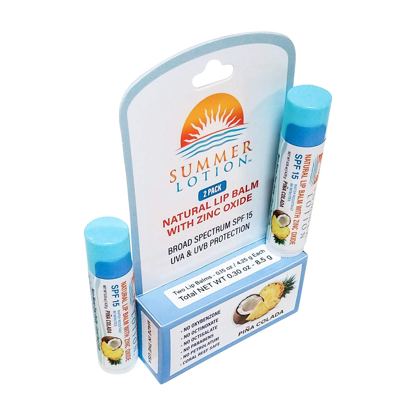 Summer Lotion Natural Lip Balm SPF 15 with Zinc Oxide, Water-Resistant Sunblock Chapstick, 2-Pack Pina Colada Flavor