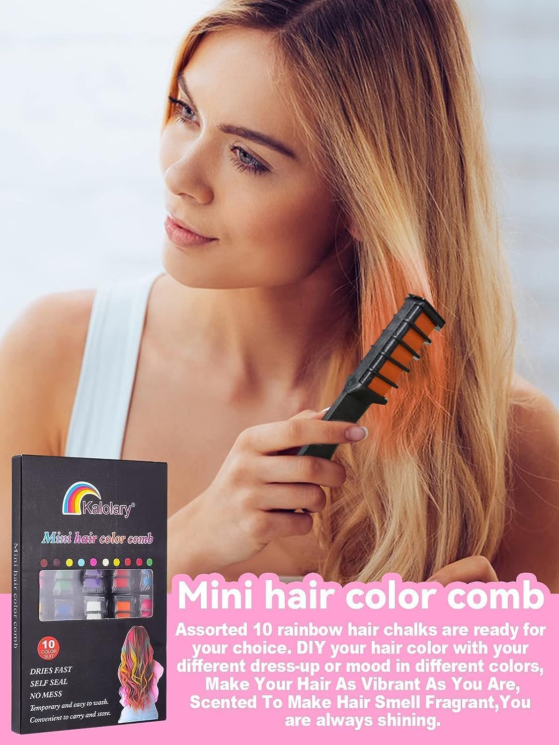 Kalolary 10 Color Temporary Hair Chalk Comb Set, Washable Hair Dye for Girls Kids Gifts on Birthday Cosplay Party for Age 4 5 6 7 8 9 10 12 13