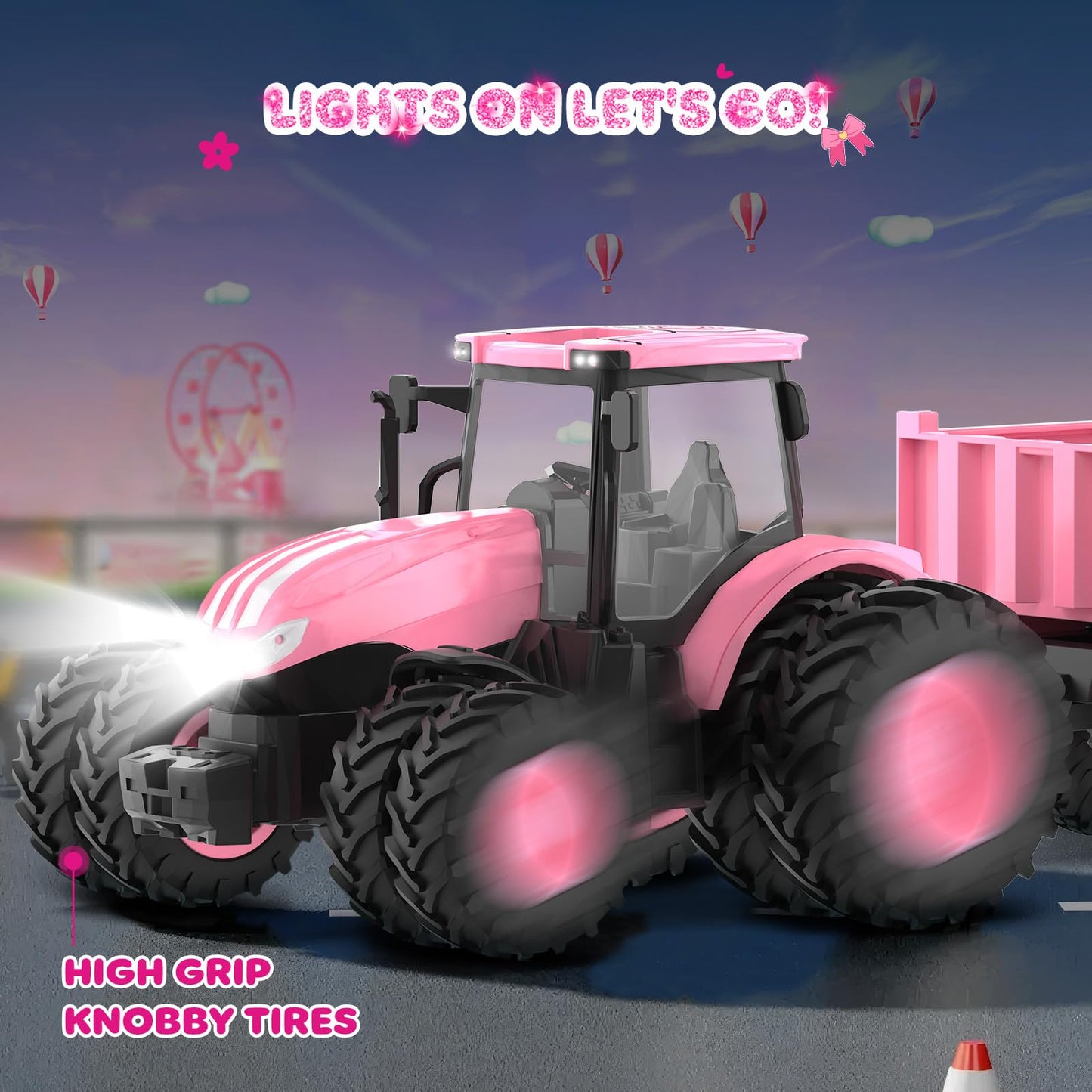 Remote Control Tractor Toy 2025 – RC Tractor, Truck & Trailer with Front Loader, 8-Wheel Lights, Metal Farm Vehicle for Kids 3-9, Pink Gift