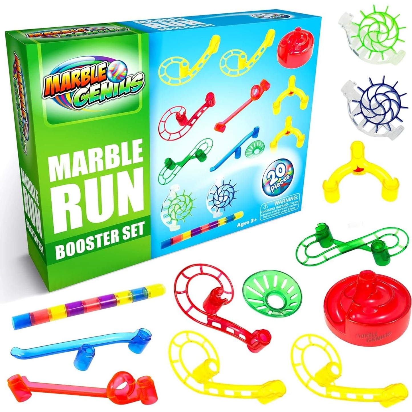 Marble Genius Marble Run Booster Set, 20 Pieces - Building Blocks Toy Add-On for Ages 3+, Instruction App Access, Primary Colors