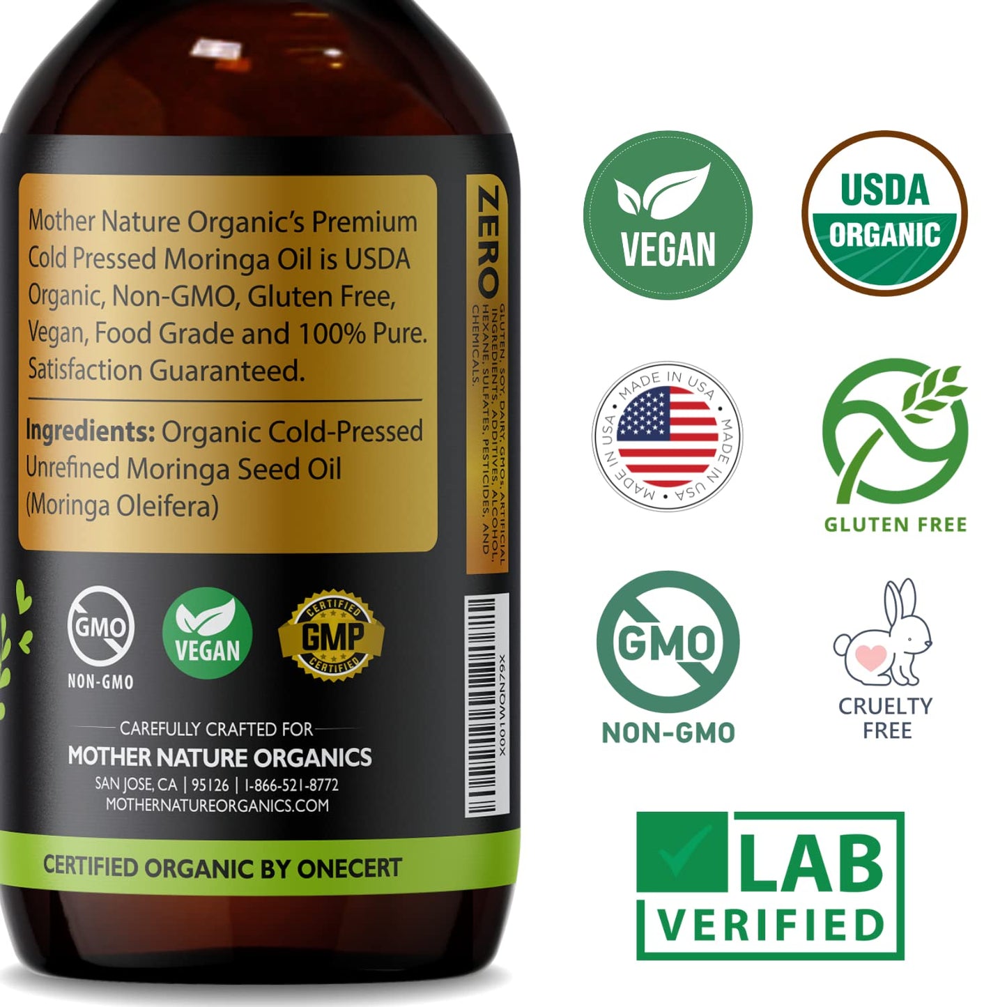 Mother Nature USDA Organic Moringa Seed Oil, 100% Pure Cold-Pressed, Unrefined, Anti-Aging Face, Skin & Hair Care, Non-GMO, 4oz