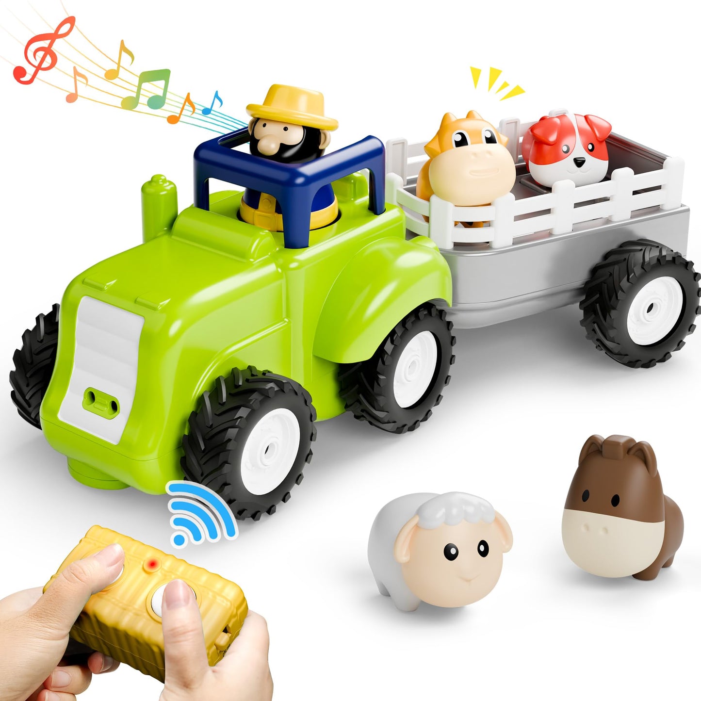 iPlay, iLearn Baby Farm Tractor Toy – Remote Control Truck with Music & Animal Trailer, Fun RC Toy for 18M-4 Year Old Boys & Girls, Easter Birthday Gift