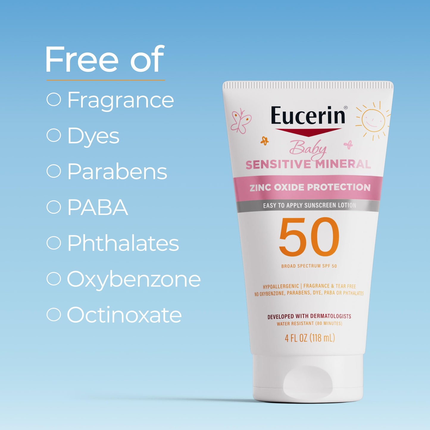 Eucerin Baby Sunscreen SPF 50 Mineral Lotion – Hypoallergenic, Tear-Free, Fragrance-Free, Zinc Oxide Protection, 4 Fl Oz