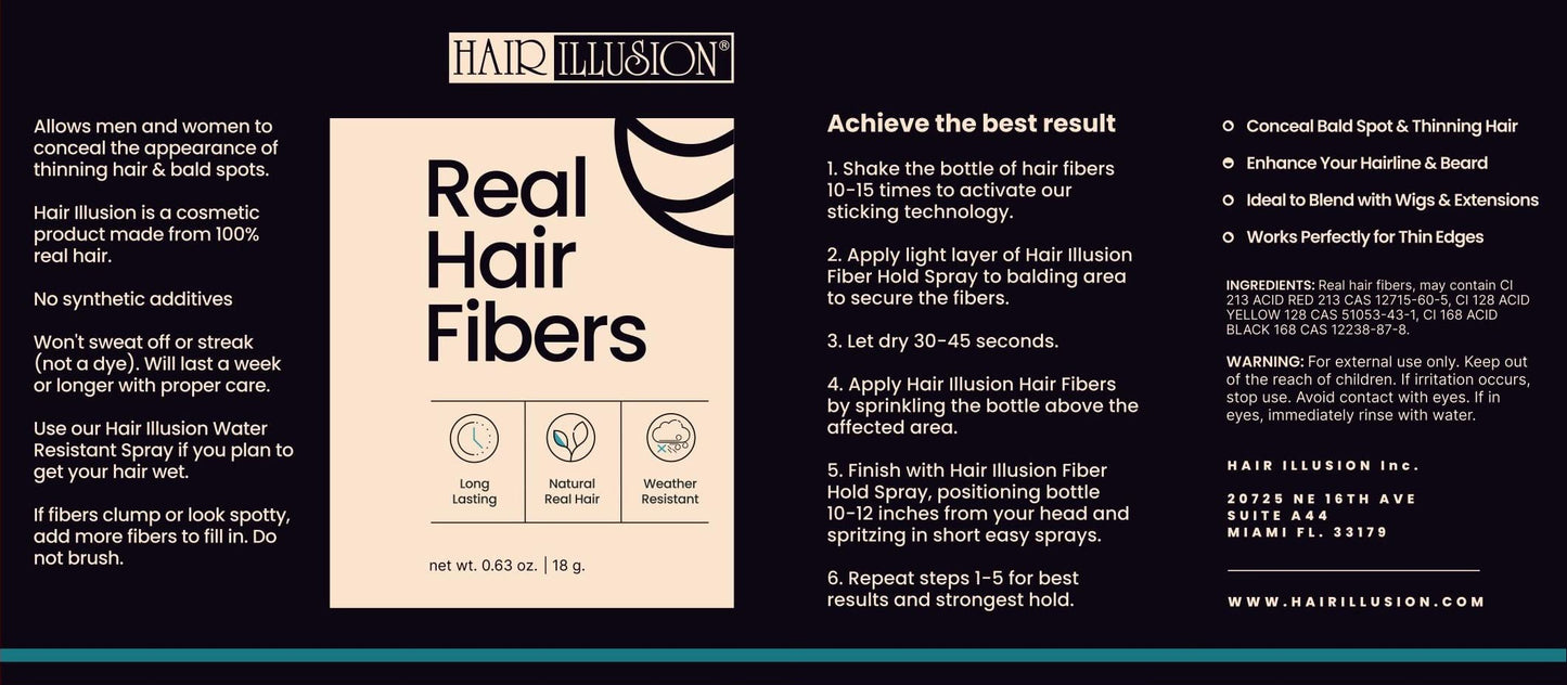 Hair Illusion Real Hair Fibers for Thinning Hair, 100% Natural Texture, Non-Synthetic Bald Spot Concealer for Men & Women, 18g