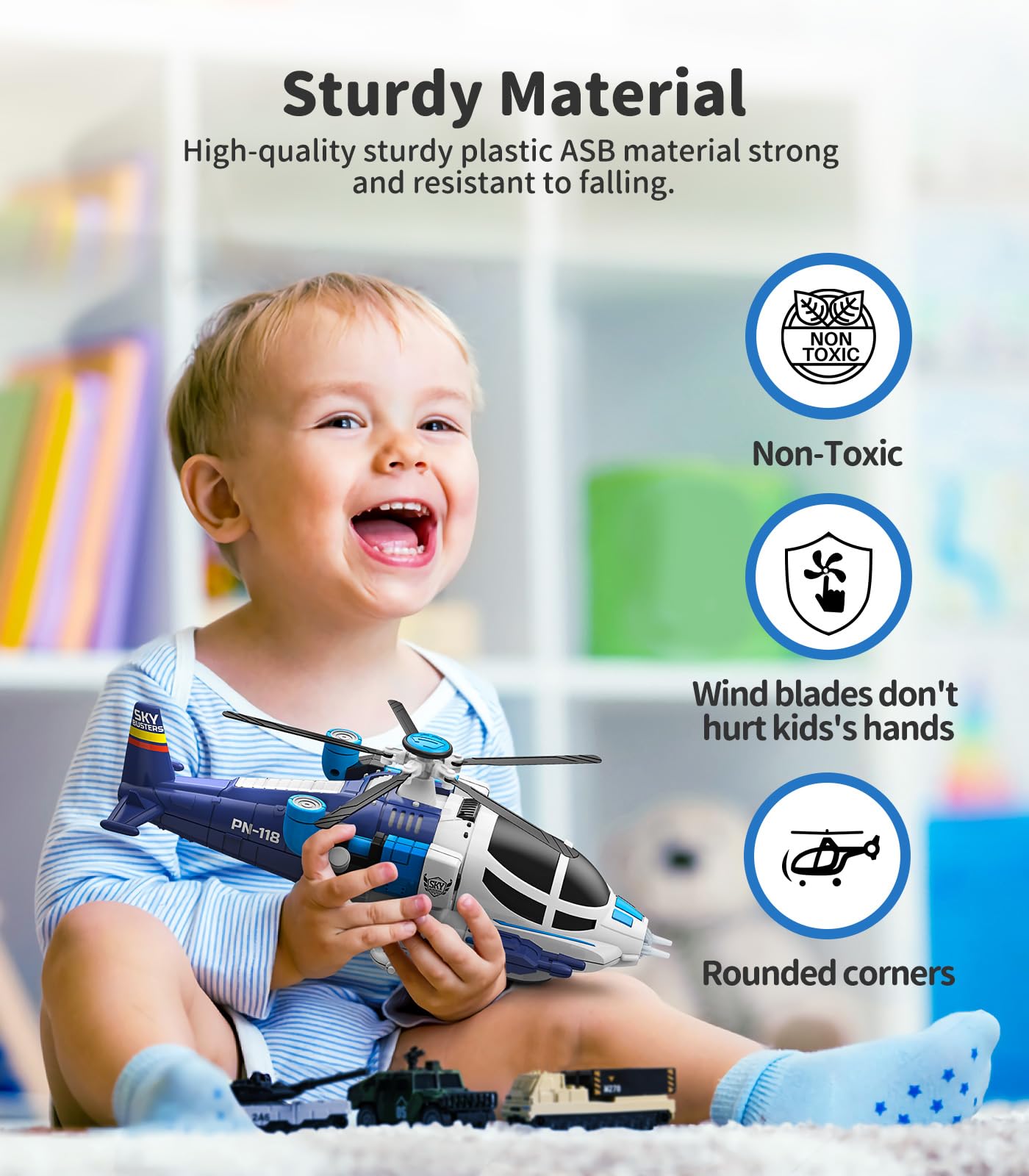 Geyiie Blue Helicopter Toy for Kids with Lights & Sounds, 360° Flying, Auto-Steering Airplane, Birthday Party Favor Gift for Boys