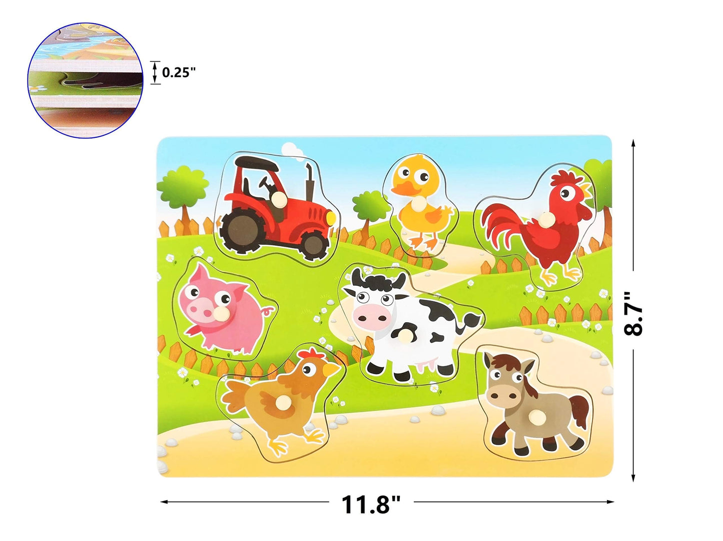 Wooden Puzzles Farm Chunky Baby Puzzles Peg Board, Full-Color Pictures for Preschool Educational Jigsaw Puzzles, 7Pieces