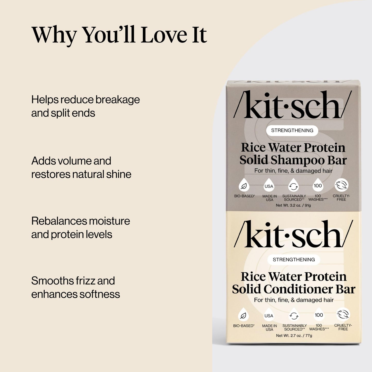 Kitsch Rice Water Protein Shampoo & Conditioner Bar Set – Strengthening Duo for Hair Growth & Damage Repair – Vitamin-Rich, Sulfate & Paraben Free, Made in USA