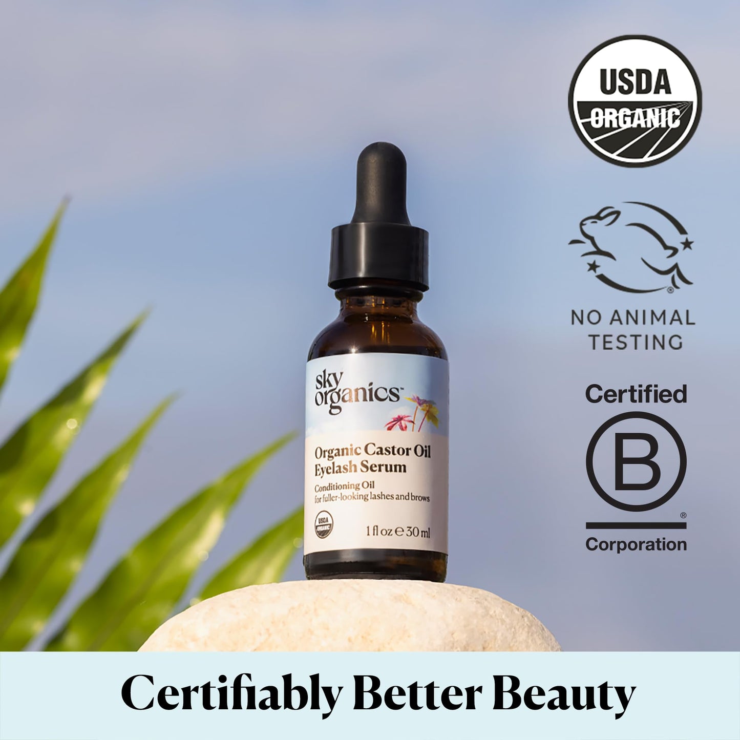 Sky Organics Organic Castor Oil Eyelash & Brow Serum, Hexane-Free, 100% Pure Cold-Pressed, Fuller Lashes & Brows, 1 fl. Oz + eBook