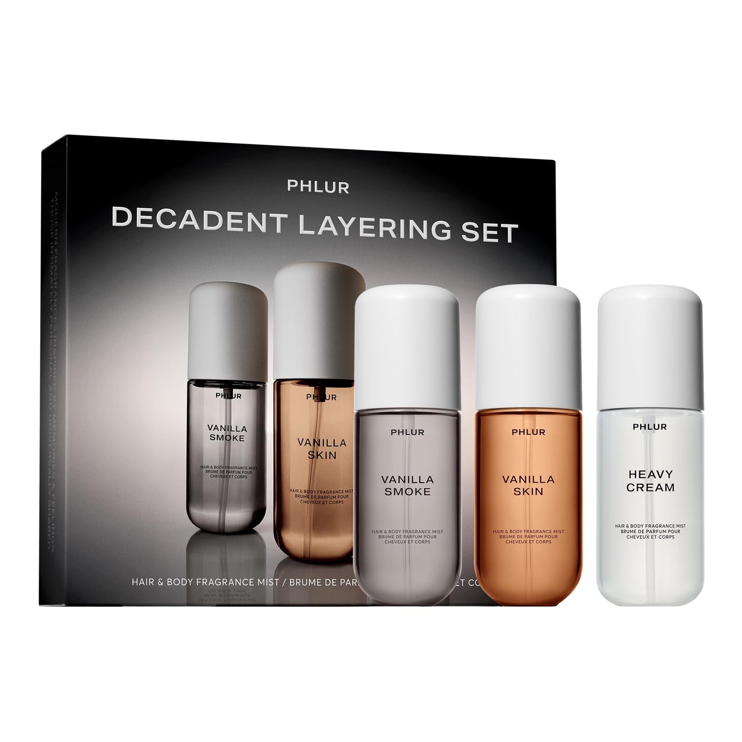 PHLUR Decadent Layering Set – Travel Size Body & Hair Mist Trio Gift – Vanilla Smoke, Vanilla Skin & Heavy Cream Fragrances (3 x 3 fl oz)
