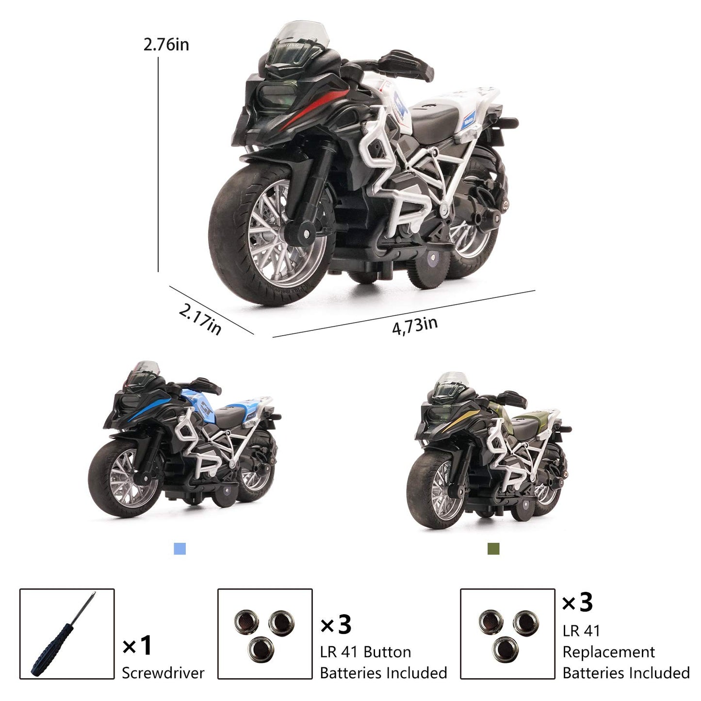 Diecast Motorcycle Toy - Pull Back Toy Cars with Sound and Light Toy,Motorcycle Toys for Boys,Toys for 3-9 Year Old Boys (White)