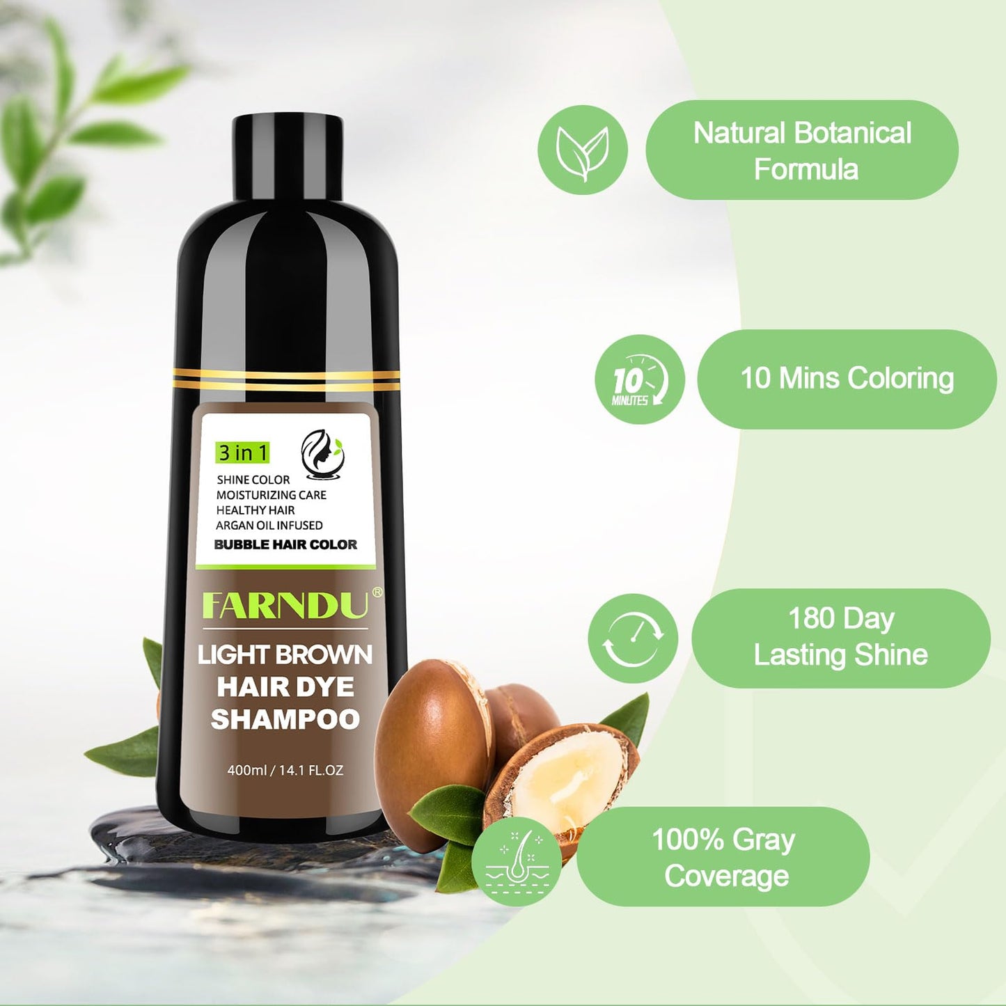 FARNDU 3-in-1 Light Brown Hair Dye Shampoo with Argan Oil – Covers Gray in 10-15 Min, Long-Lasting Natural Color for Men & Women, Up to 6 Months