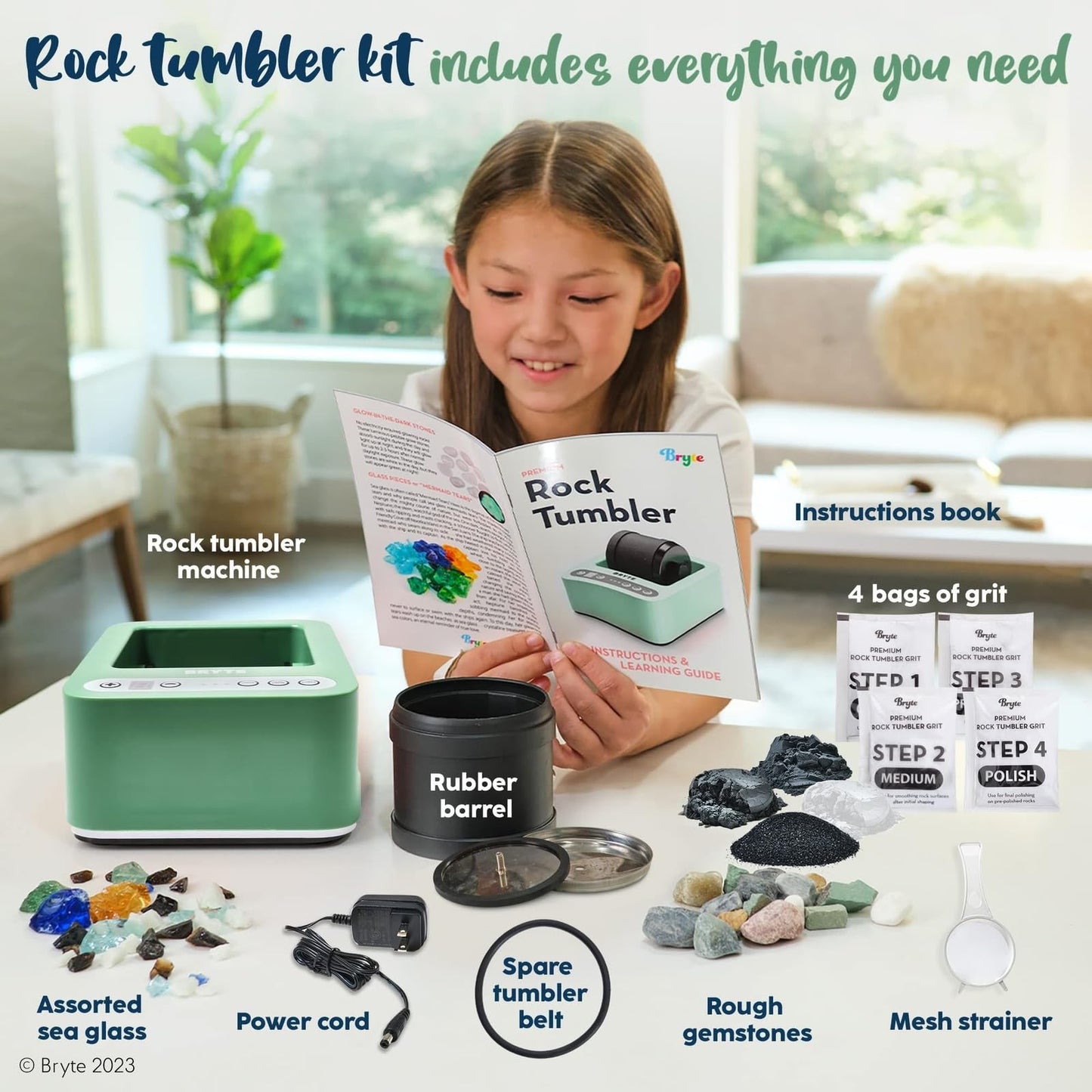 BRYTE Rock Tumbler & Polisher, Medium Mint Green, 3-Speed, 9-Day Timer, Quiet Motor – Sea Glass & Indoor Tumbling Kit, Ages 8+