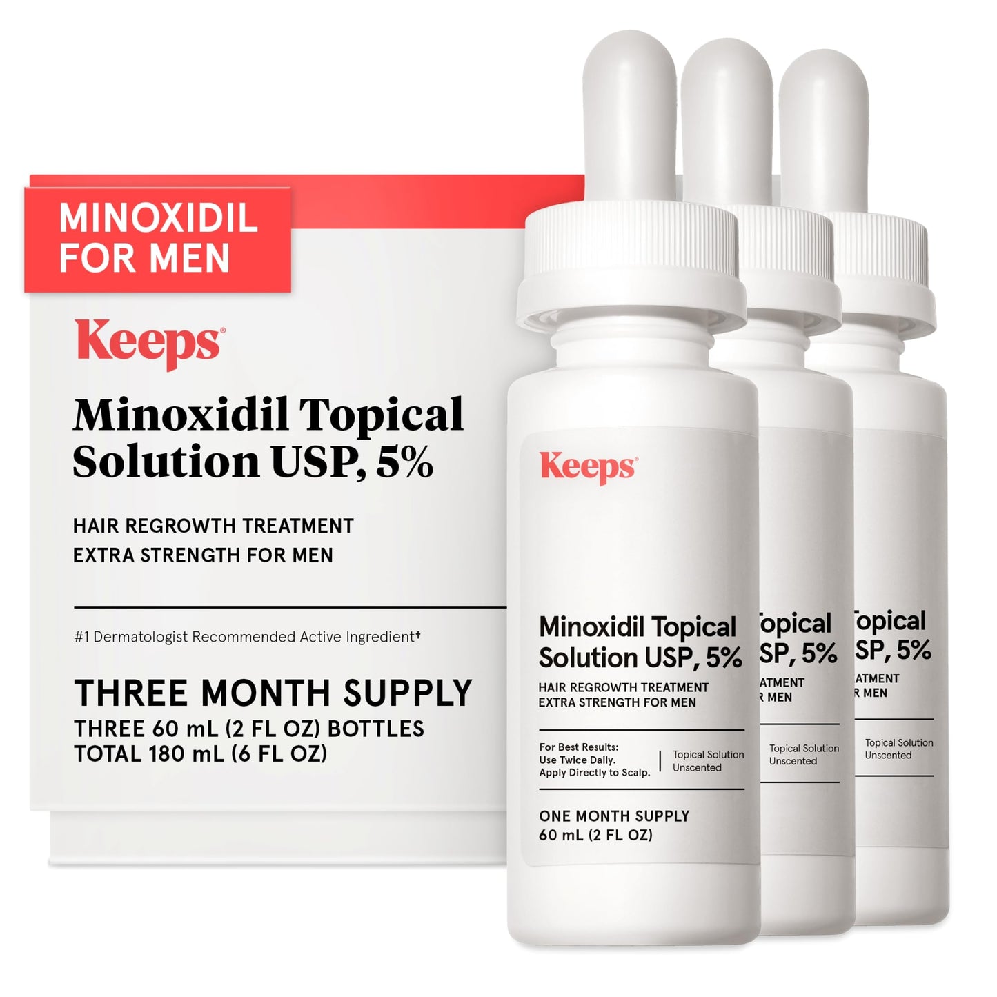 Keeps Extra Strength 5% Minoxidil for Men | Hair Growth Serum & Regrowth Treatment for Thinning Hair & Bald Spots | Unscented, Clinically Proven