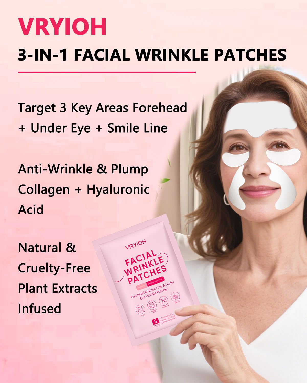 Vryioh 3-in-1 Wrinkle Patches for Forehead, Smile Lines & Under Eyes, Overnight Treatment with Hyaluronic Acid & Collagen, 60 Pcs