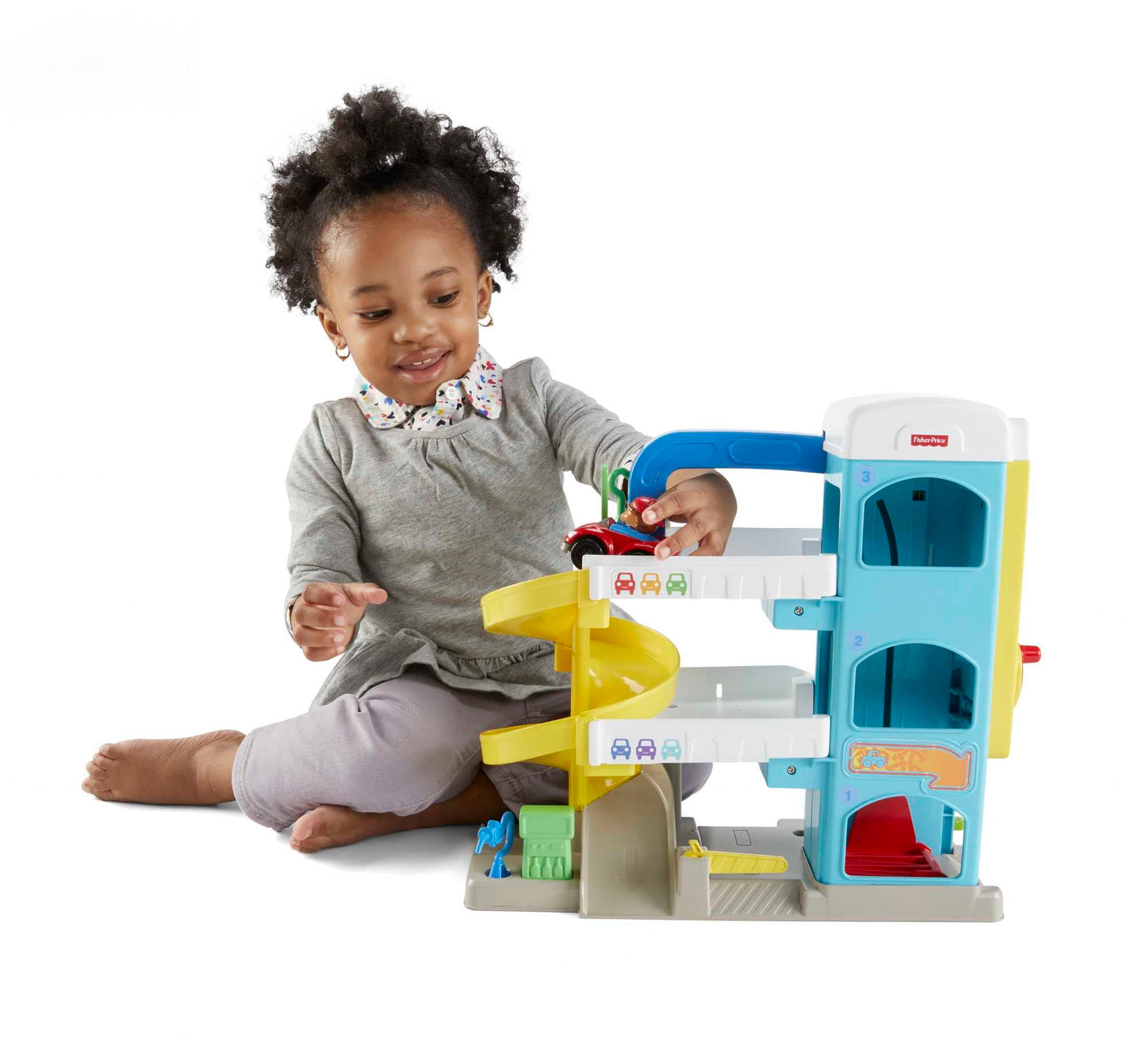 Fisher-Price Little People Toddler Toy Helpful Neighbor’s Garage Playset with Spiral Ramp & 2 Cars for Pretend Play Ages 18+ Months