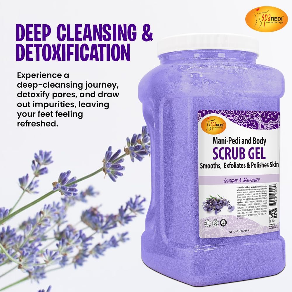 SPA REDI Exfoliating Pumice Gel Scrub, Lavender & Wildflower, 128 Oz – Manicure, Pedicure & Body Scrub with Hyaluronic Acid & Panthenol