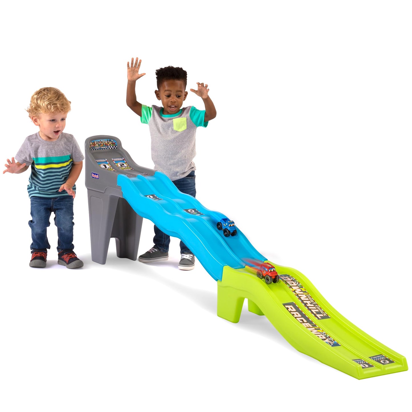 Simplay3 Fast Track Downhill Raceway, Dual Racetrack for Kids Cars for Toddlers, 2 Toy Race Cars Included, Made in USA