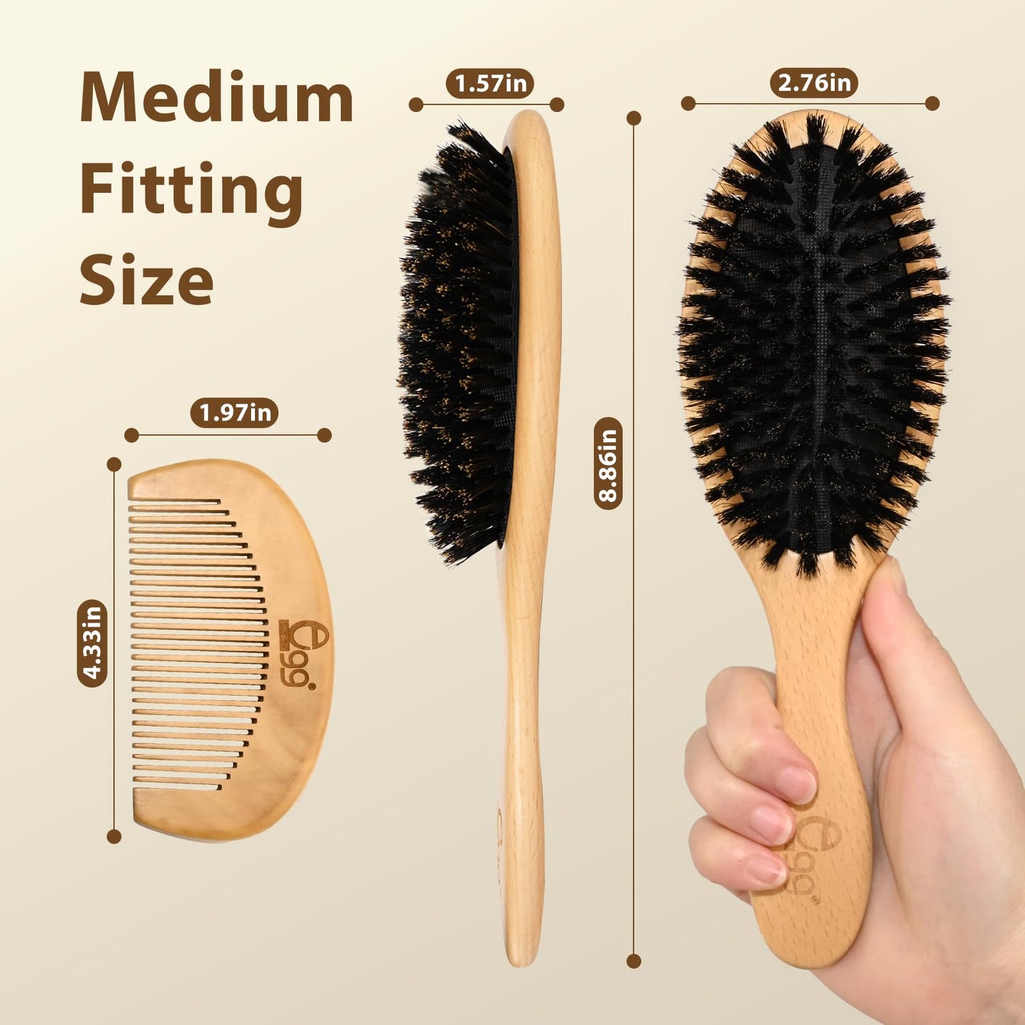 BLACK EGG Boar Bristle Hair Brush Set – Soft Natural Bristles for Thin & Fine Hair, Restores Shine & Texture, Includes Bamboo Comb & 3 Hair Ties