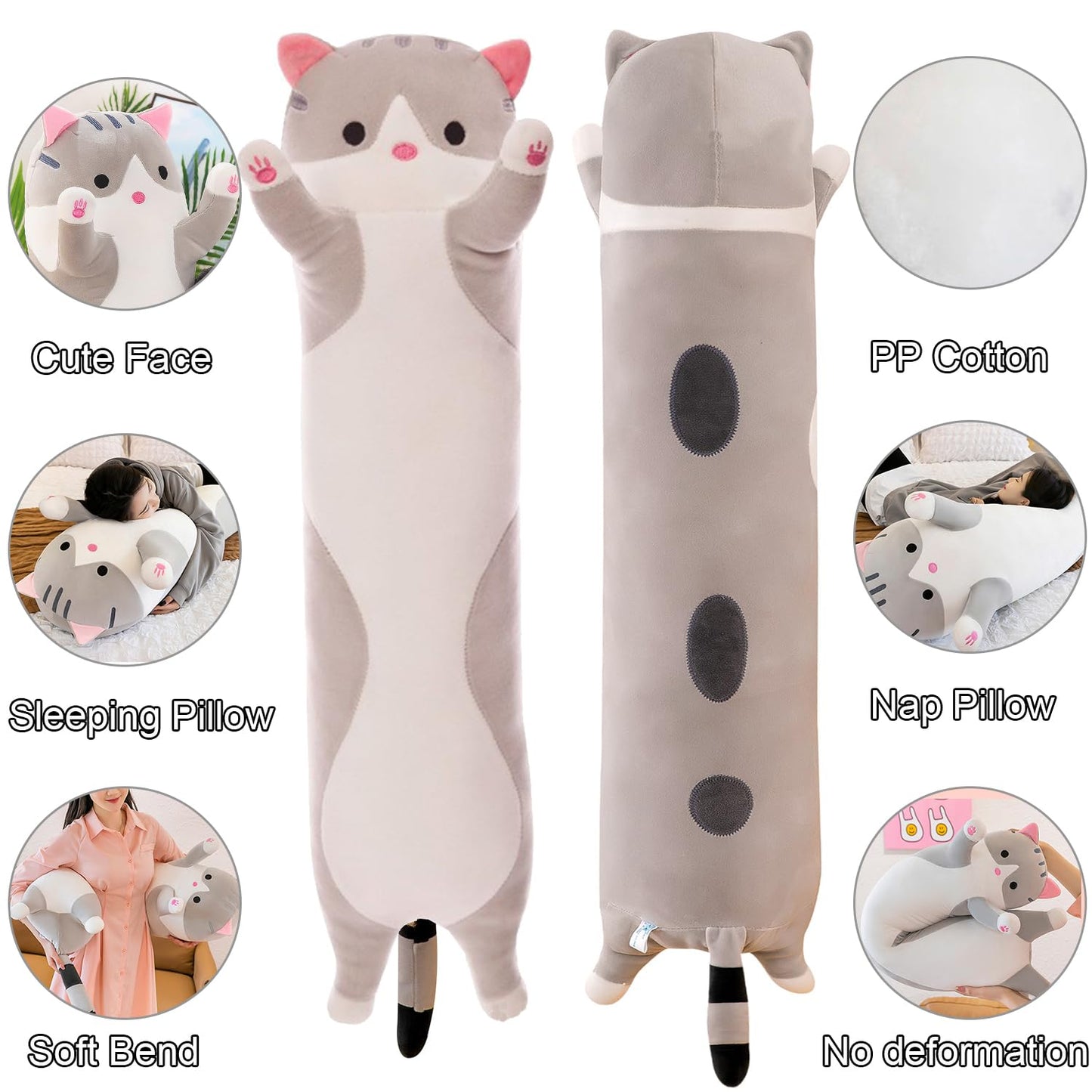 Giant Cat Pillow Plush, Soft Long Kitty Body Hugging Cushion Toy, Cuddly Cartoon Cat Plush Doll for Kids & Girlfriend (Gray, 110cm)