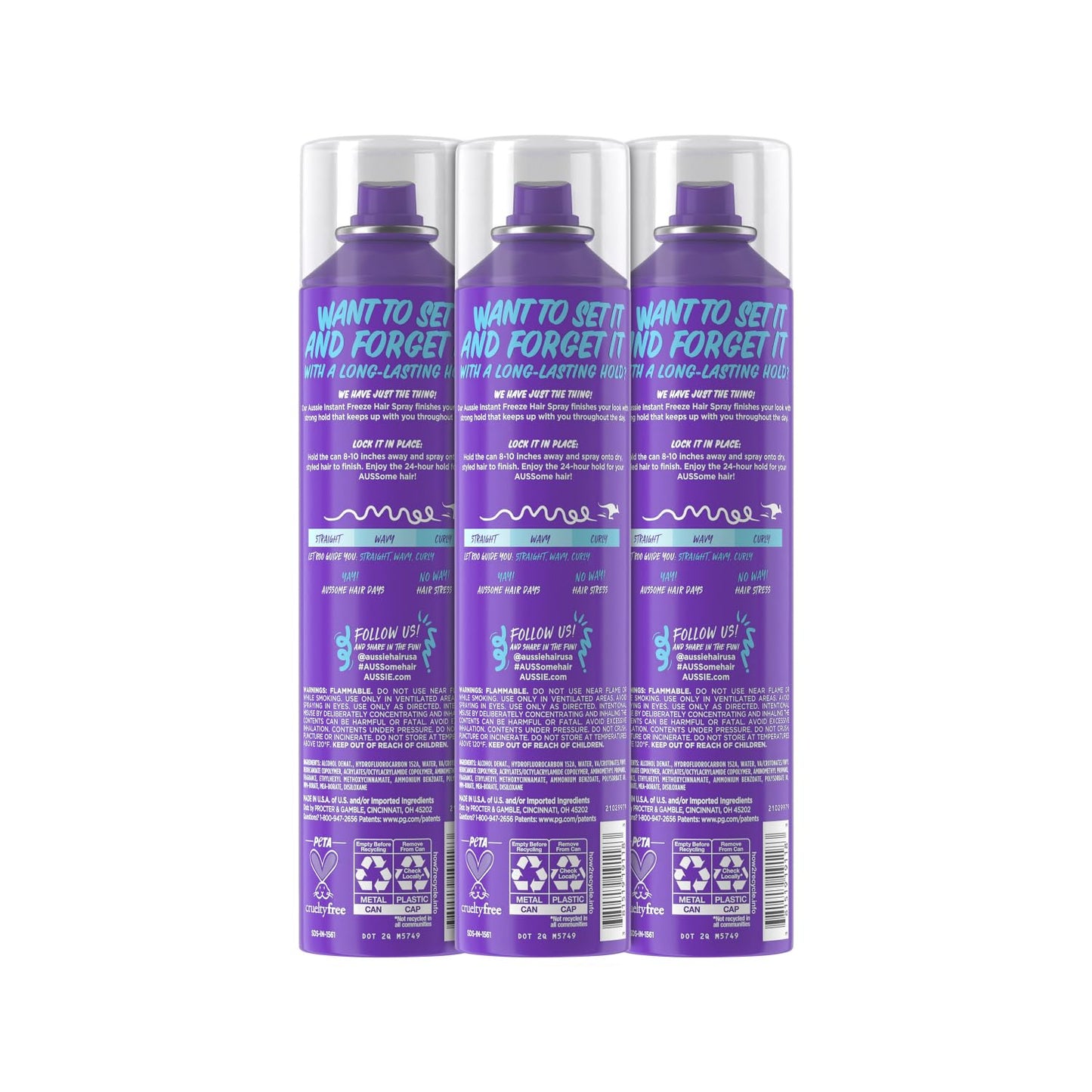 Aussie Instant Freeze Hair Spray 3 Pack (10 Fl Oz Each) | Extreme Hold with Jojoba Oil & Sea Kelp | Long-Lasting, Fresh Citrus Scent, All Hair Types