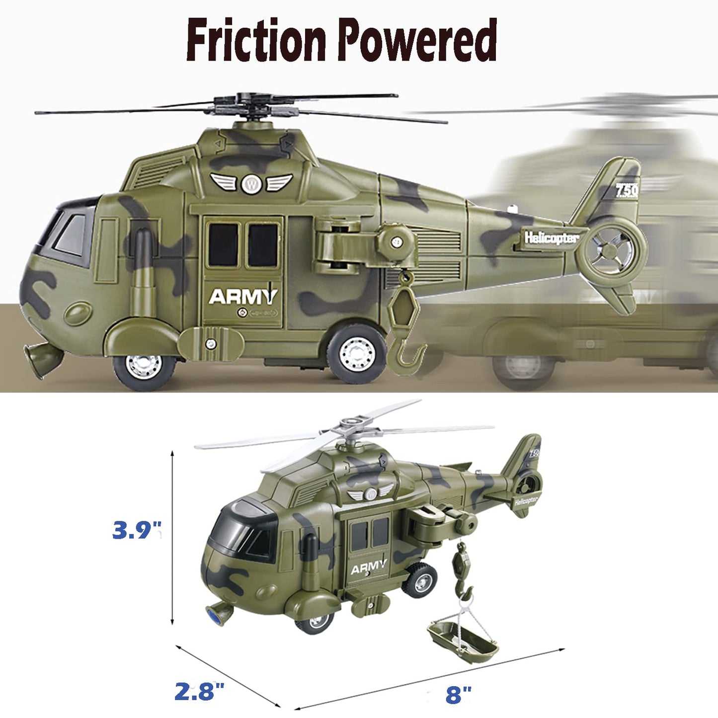 OCCAFY Military Helicopter Toy with Lights, Sound & Friction Power – Rescue Army Vehicle for Kids 3+, Toddler Boys Gift Toy