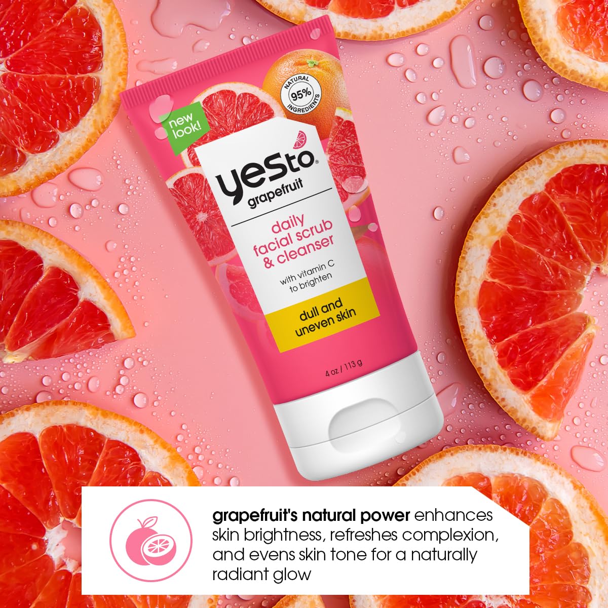 Yes To Grapefruit Daily Facial Scrub & Cleanser – Exfoliating, Brightening & Antioxidant-Rich, Vegan & Cruelty-Free, 4 oz