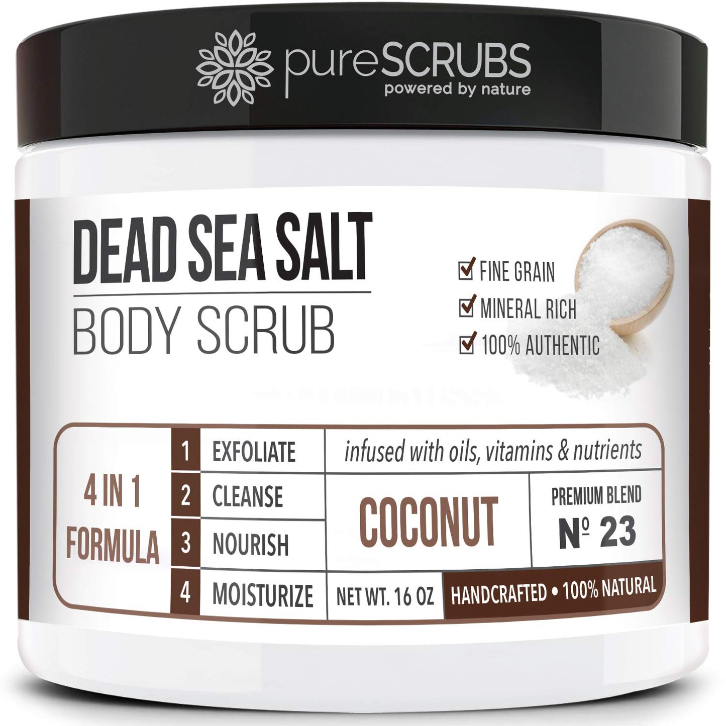 pureSCRUBS Premium Coconut Body Scrub Set, 16oz Dead Sea Salt Scrub with Essential Oils, Includes Loofah, Wooden Spoon & Oatmeal Soap