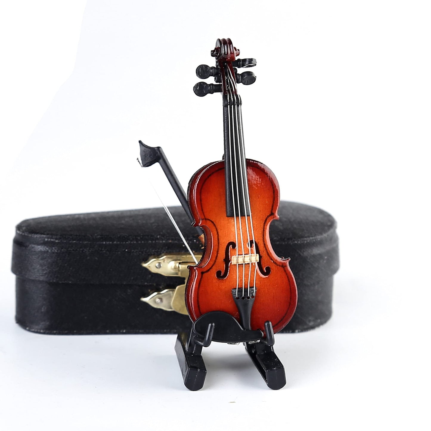 Dselvgvu Mini Wooden Violin with Stand, Bow & Case – Dollhouse Musical Instrument Replica, Collectible Home Decor Ornament 3.15"x1.18"x0.59"