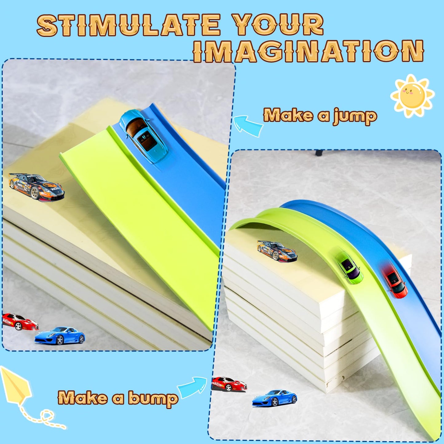 Flex Tracks 15ft Kids Starter Race Car Track Set with Suction Cups, Flexible Ramp for 1:64 Diecast Cars, Ages 3+, Green & Blue