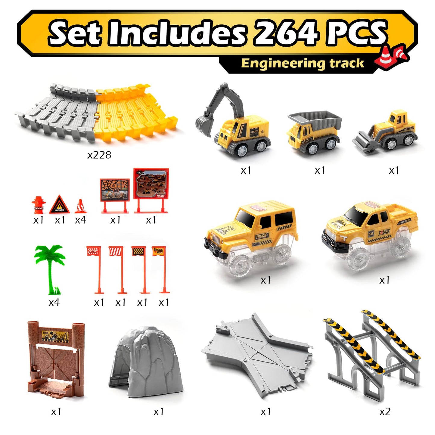 264PCS Glow-in-the-Dark Construction Race Track Set with 2 Light-Up Cars & 3 Construction Vehicles, Flexible DIY Toy for Kids Ages 3-9