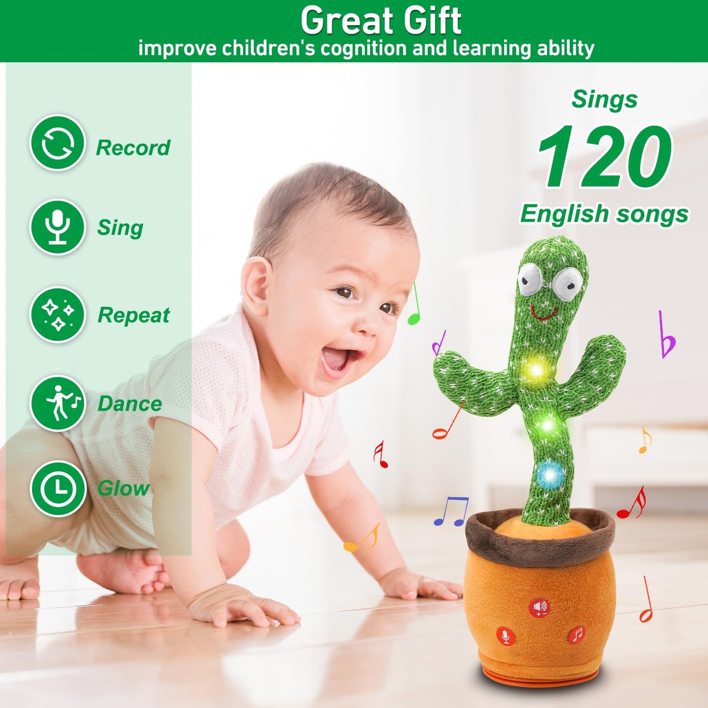 Invasgi Dancing Talking Cactus Toy, Toddlers' Mimicking Singing Cactus Toy Records Repeats What You Say, 120 Songs with Adjustable Volume Baby Toys for Girls Boys for Christmas Birthday