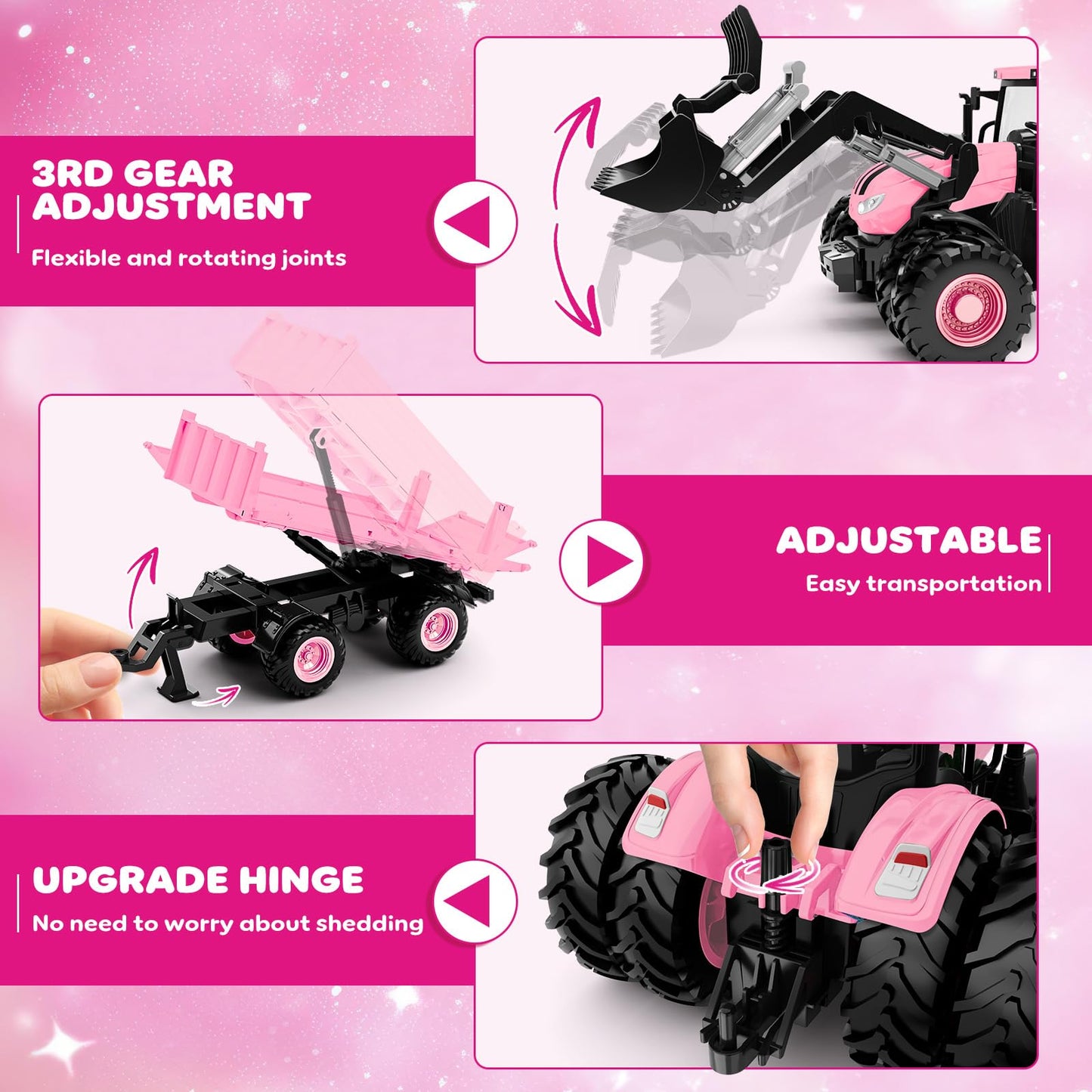 Remote Control Tractor Toy 2025 – RC Tractor, Truck & Trailer with Front Loader, 8-Wheel Lights, Metal Farm Vehicle for Kids 3-9, Pink Gift