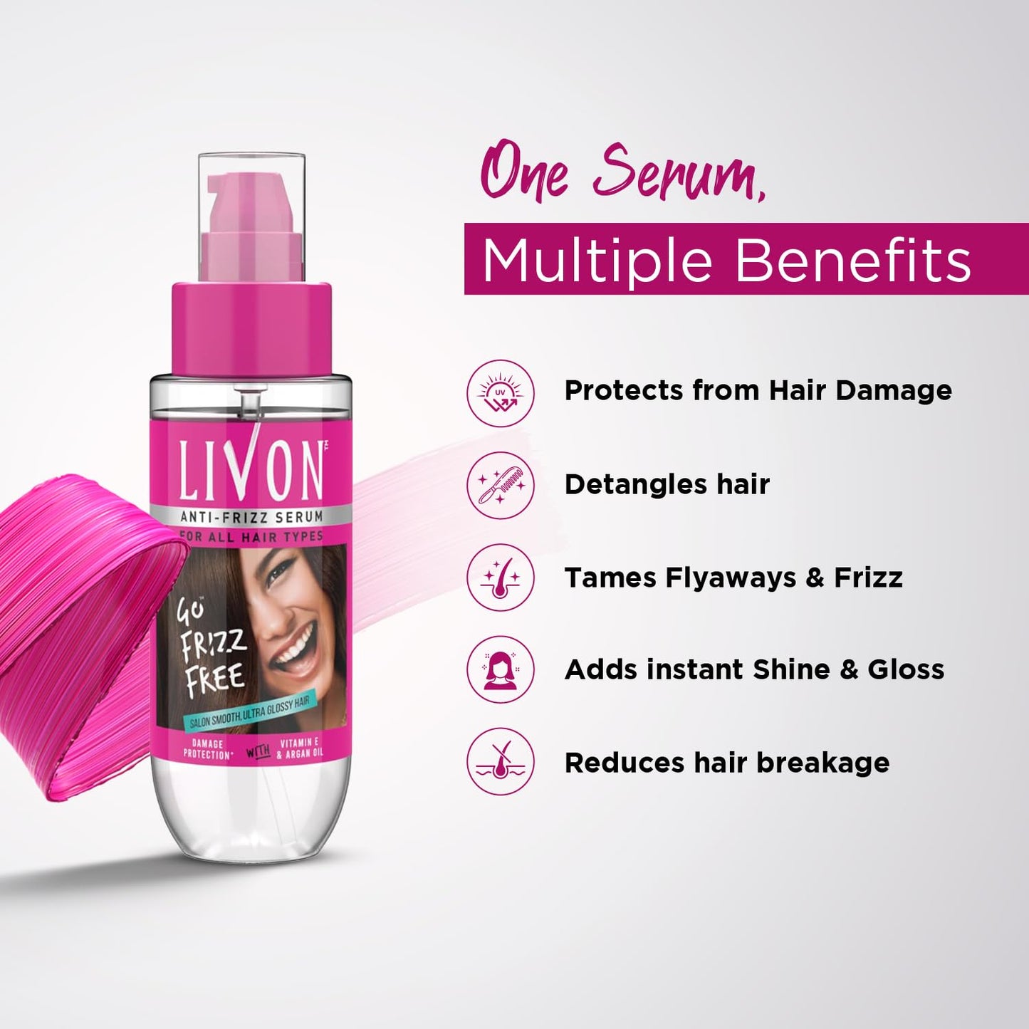 Livon Hair Serum for Men & Women | Frizz-Free, Shiny & Strong Hair | Lightweight, Non-Greasy | Argan Oil & Vitamin E | 3.3 Fl Oz