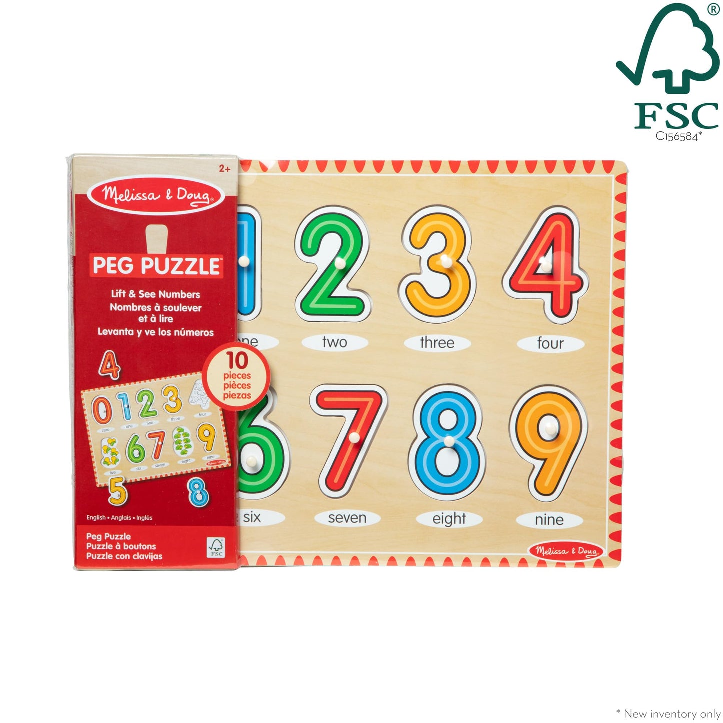 Melissa & Doug Lift & See Numbers Wooden Peg Puzzle - 10 Pieces Number Puzzles for Toddlers and Kids Ages 1+ - FSC-Certified Materials