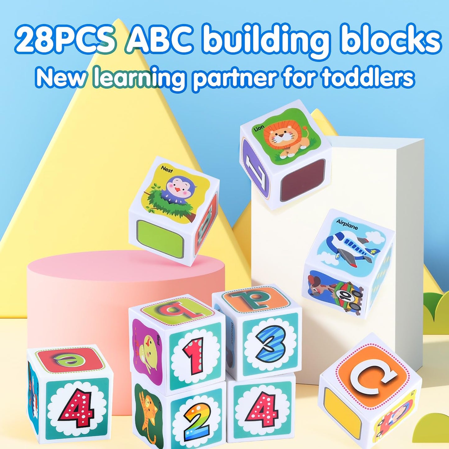 PLAY ABC Toddler Building Blocks, 28-Piece Alphabet & Number Stacking Set, Montessori Educational Sensory Toys for Ages 1-3