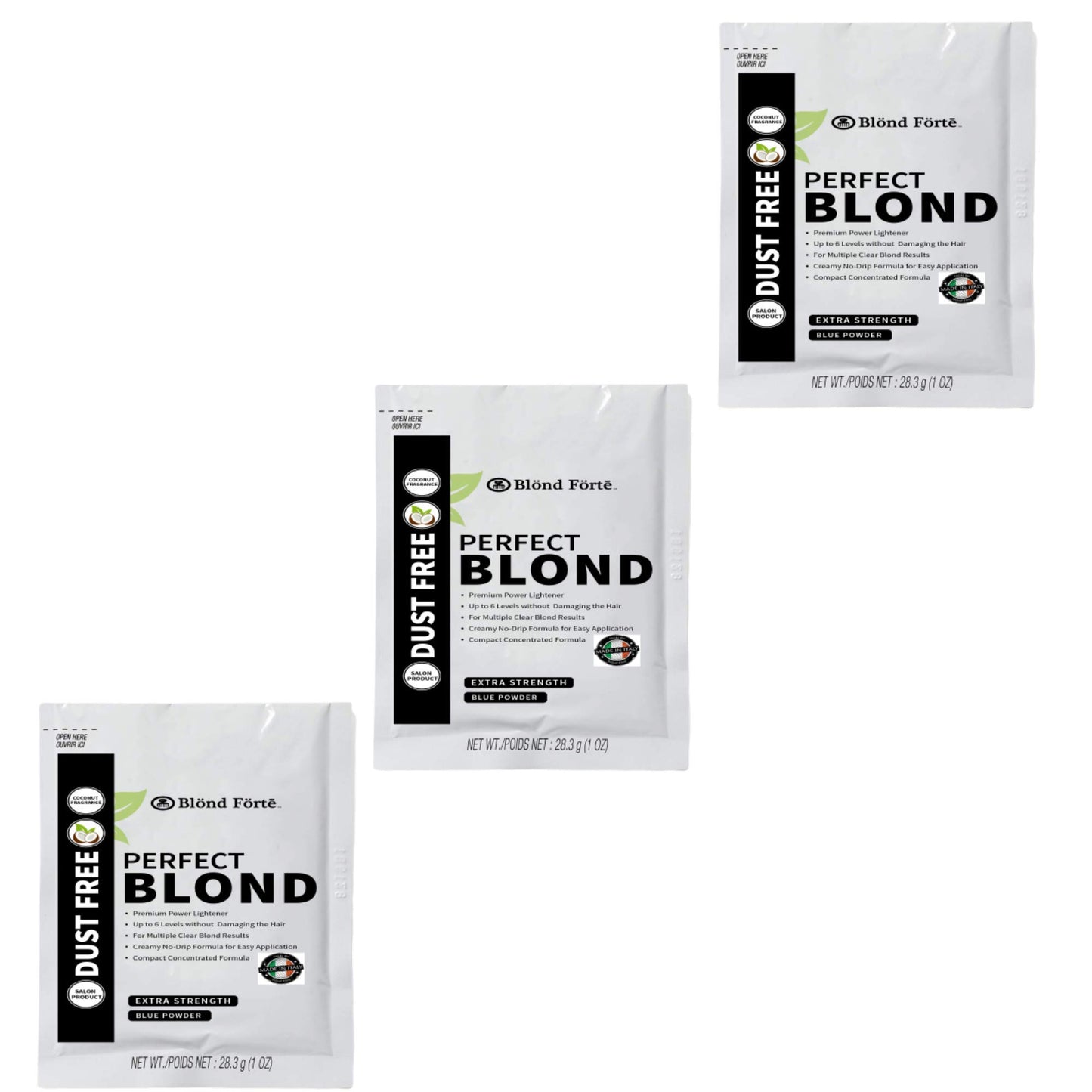 Blond Forte Perfect Blonde Toner & Bleach Powder Lightener for Dark Hair, Extra Strength Professional Formula, Made in Italy, 3 Pack (1 Oz Each)