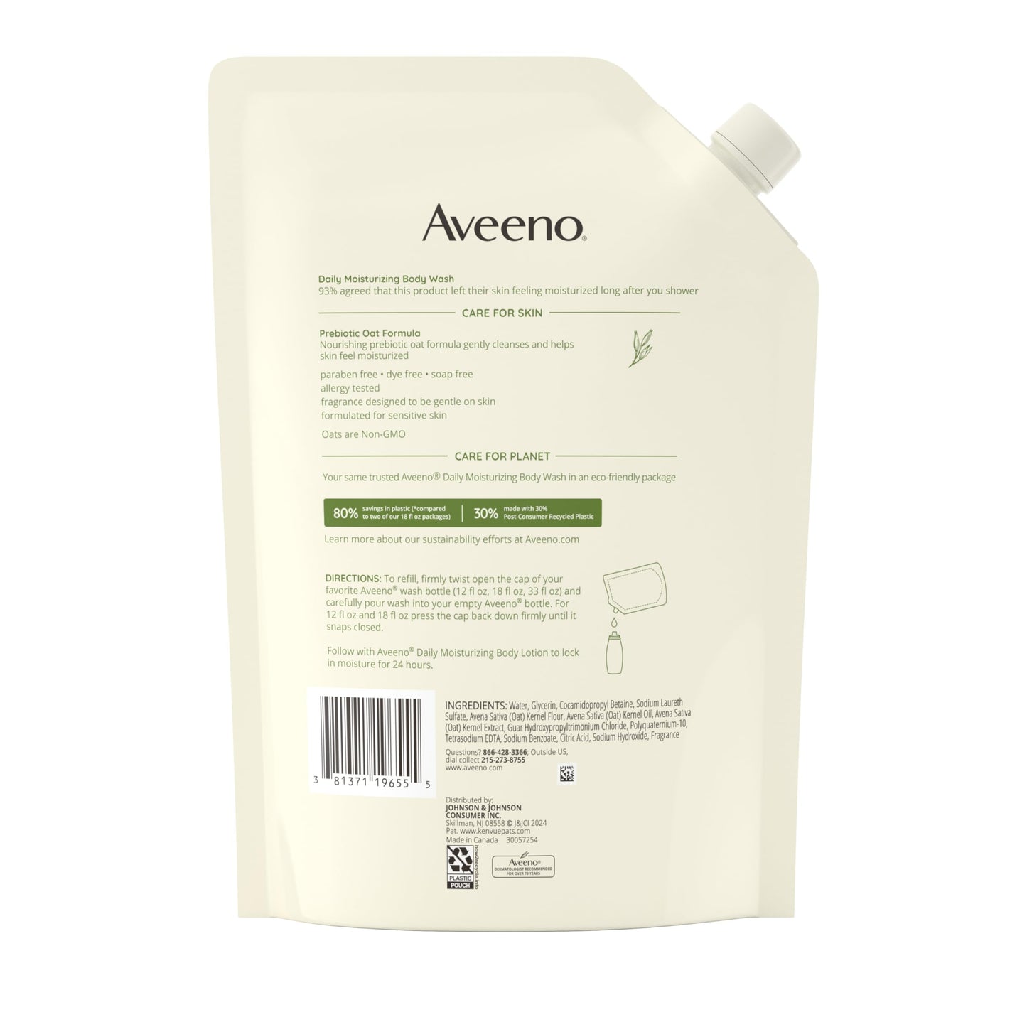 Aveeno Daily Moisturizing Body Wash for Sensitive Skin, Prebiotic Oat, Nourishing & Gentle Cleanse, Light Scent, 36 fl. oz Refill