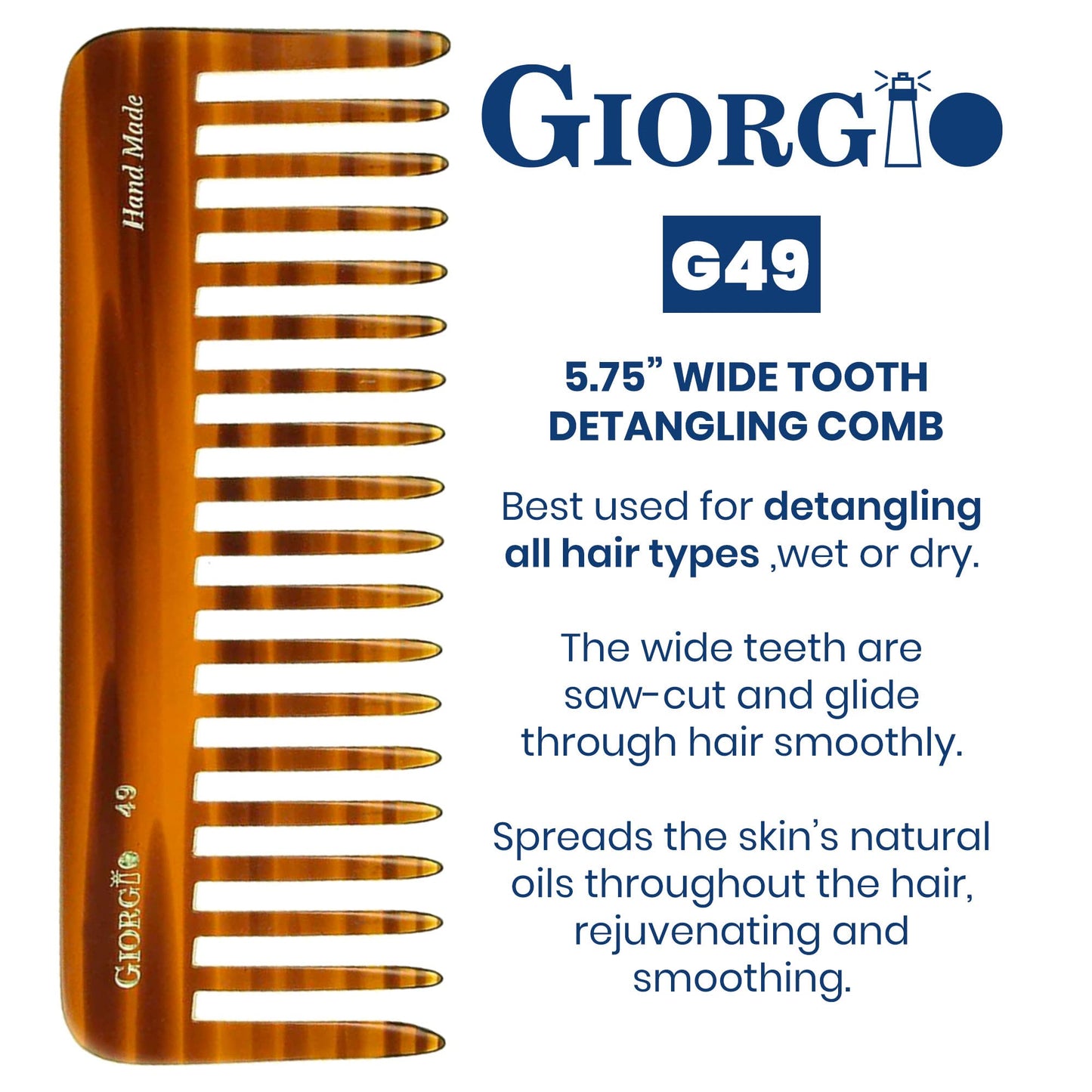 Giorgio G49 Large 5.75" Wide Tooth Detangling Comb for Thick, Curly & Wavy Hair – Handmade Cellulose, Saw-Cut & Polished Tortoise Shell