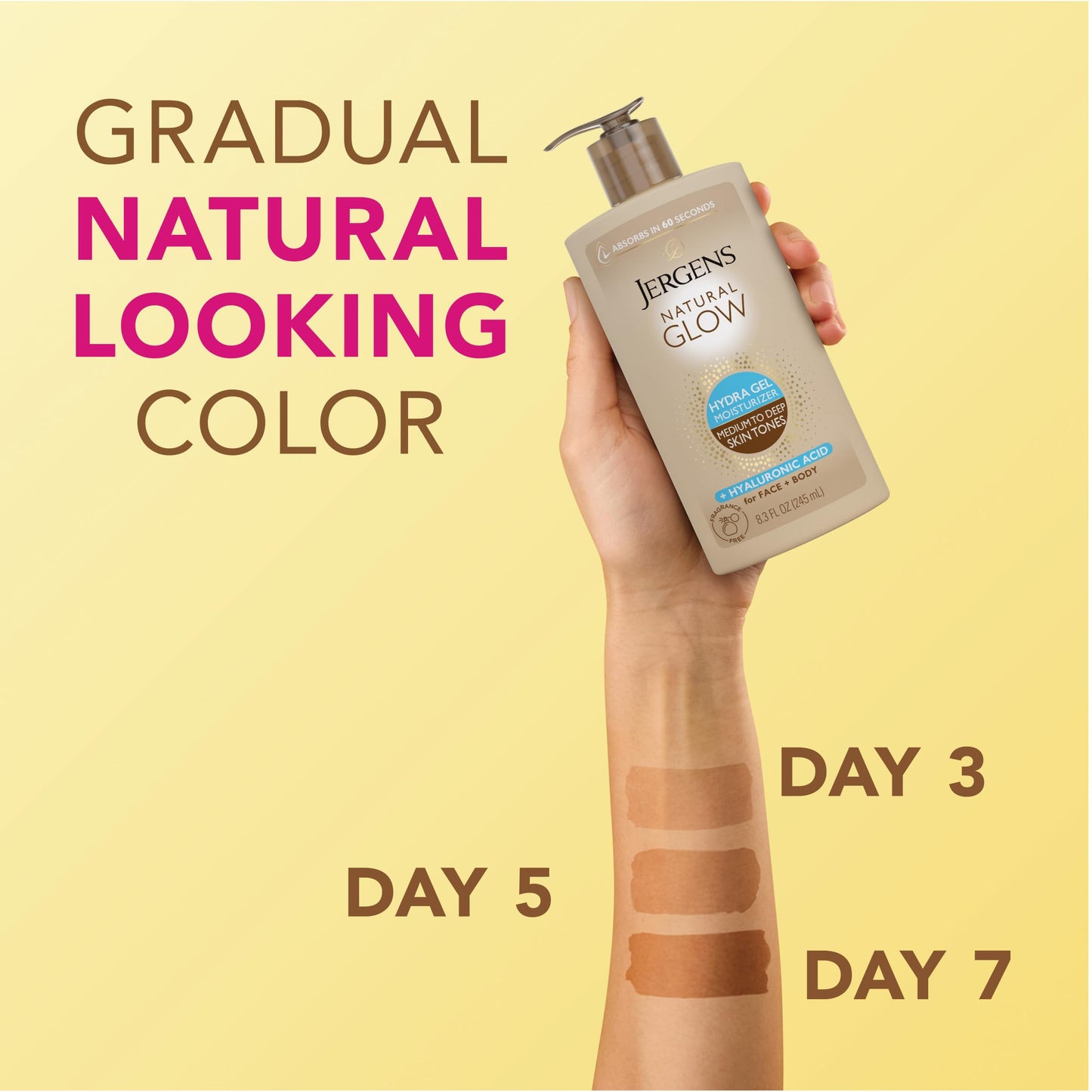 Jergens Natural Glow Hydra Gel Moisturizer with Hyaluronic Acid – Fragrance-Free Self Tanner for Medium to Deep Skin, 8.3 oz