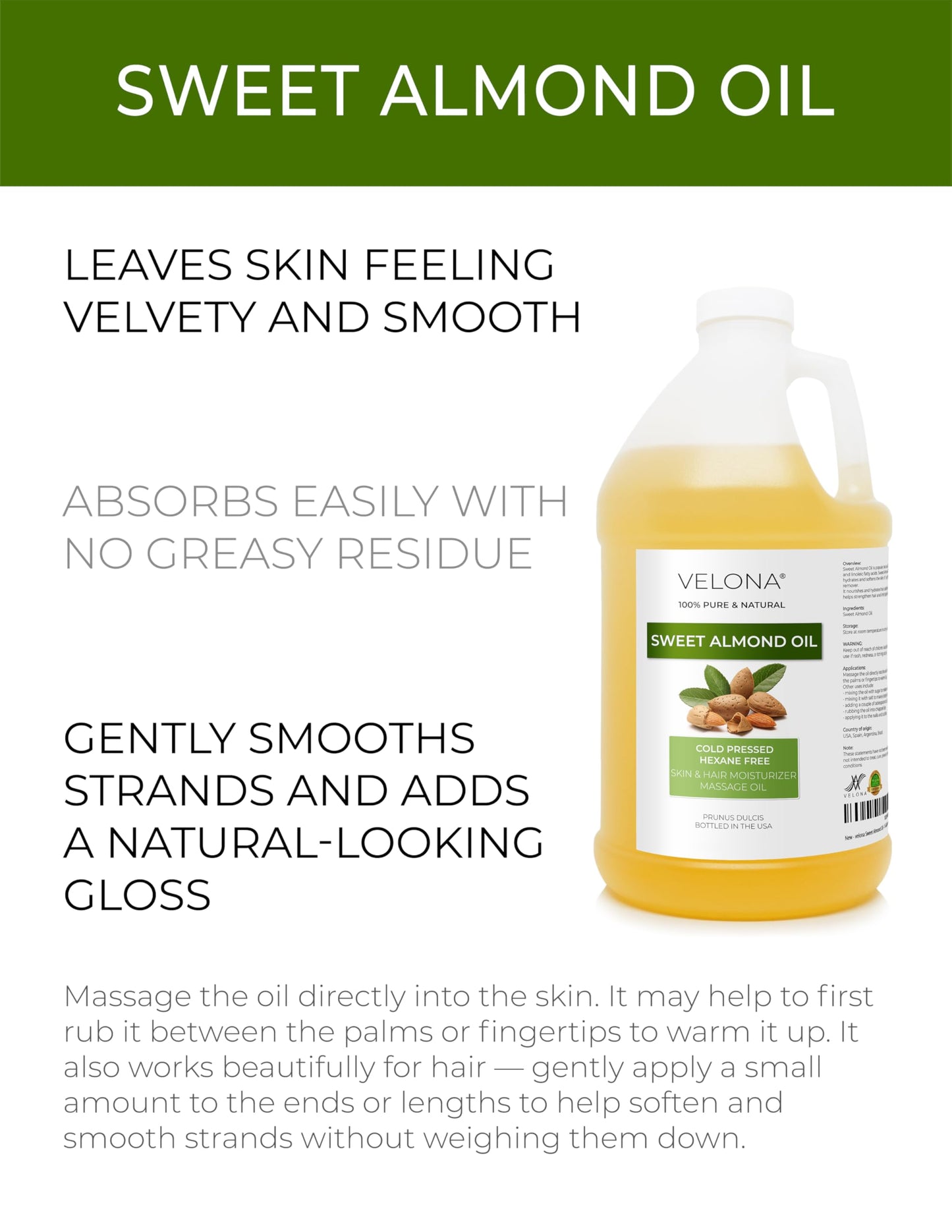 Velona Sweet Almond Oil 64 fl oz – 100% Pure & Natural Cold Pressed Carrier Oil for Skin, Hair, Face & Body Moisturizing Care