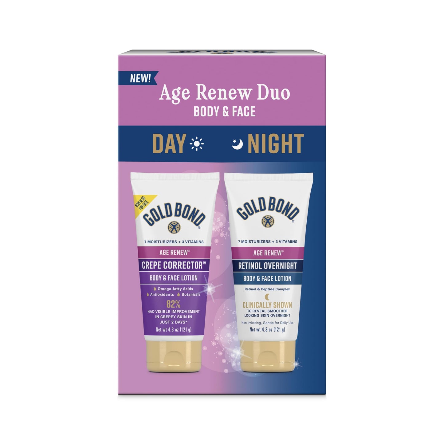 Gold Bond Age Renew Day & Night Duo Lotion Set – Crepe Corrector & Retinol Overnight Lotion for Firm, Smooth Skin, 8.6 oz