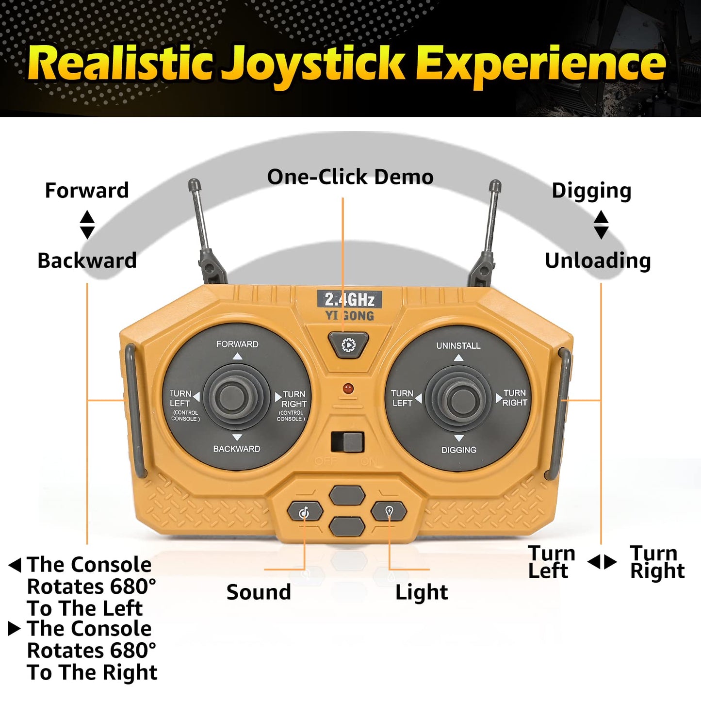 KidsFaves Remote Control Excavator Toy for Boys, 680° Turn, Metal Shovel, Lights & Sounds, 2 Batteries, Construction Toy Gift Ages 3-8