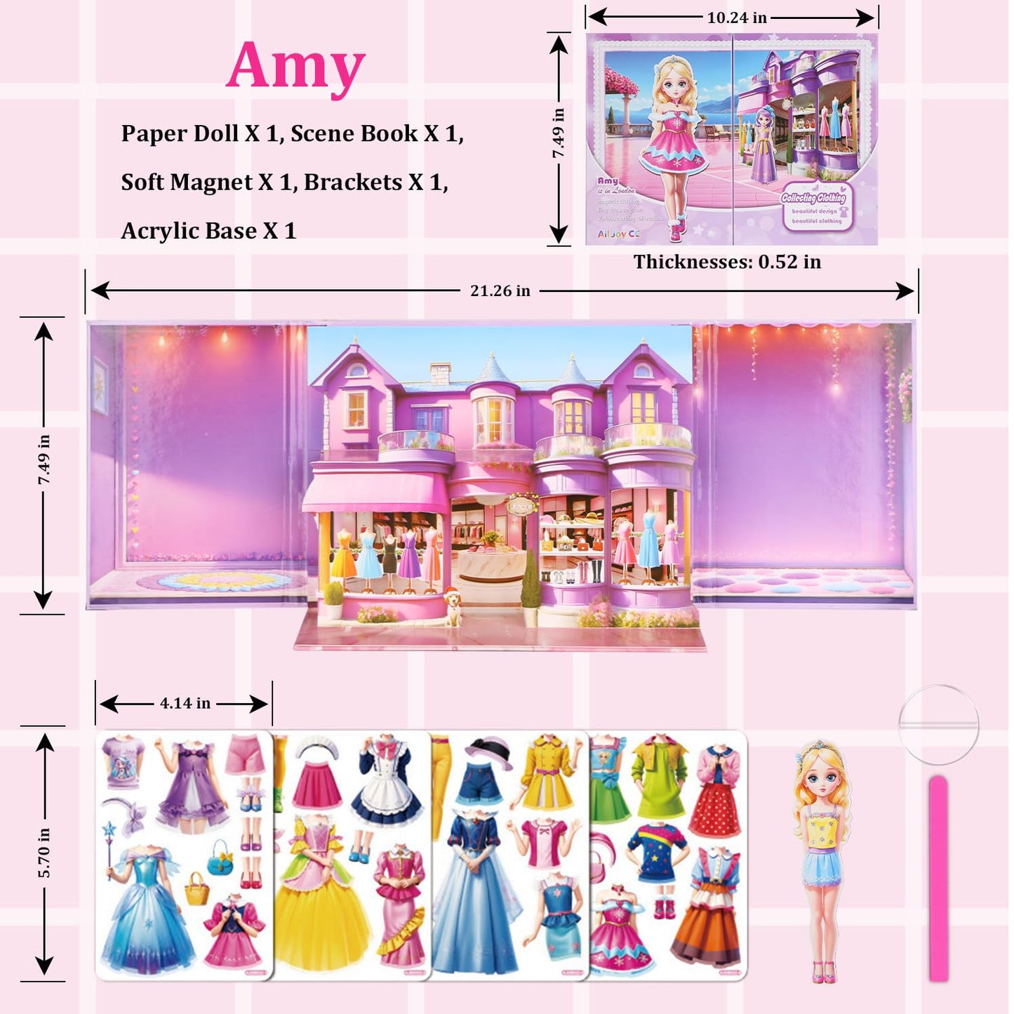 OSQI Magnetic Dress Up Dolls for Girls, 35-Piece Paper Doll Travel Playset with 3D Wardrobe Scene, Roleplay Game for Ages 4-7 (Amy)